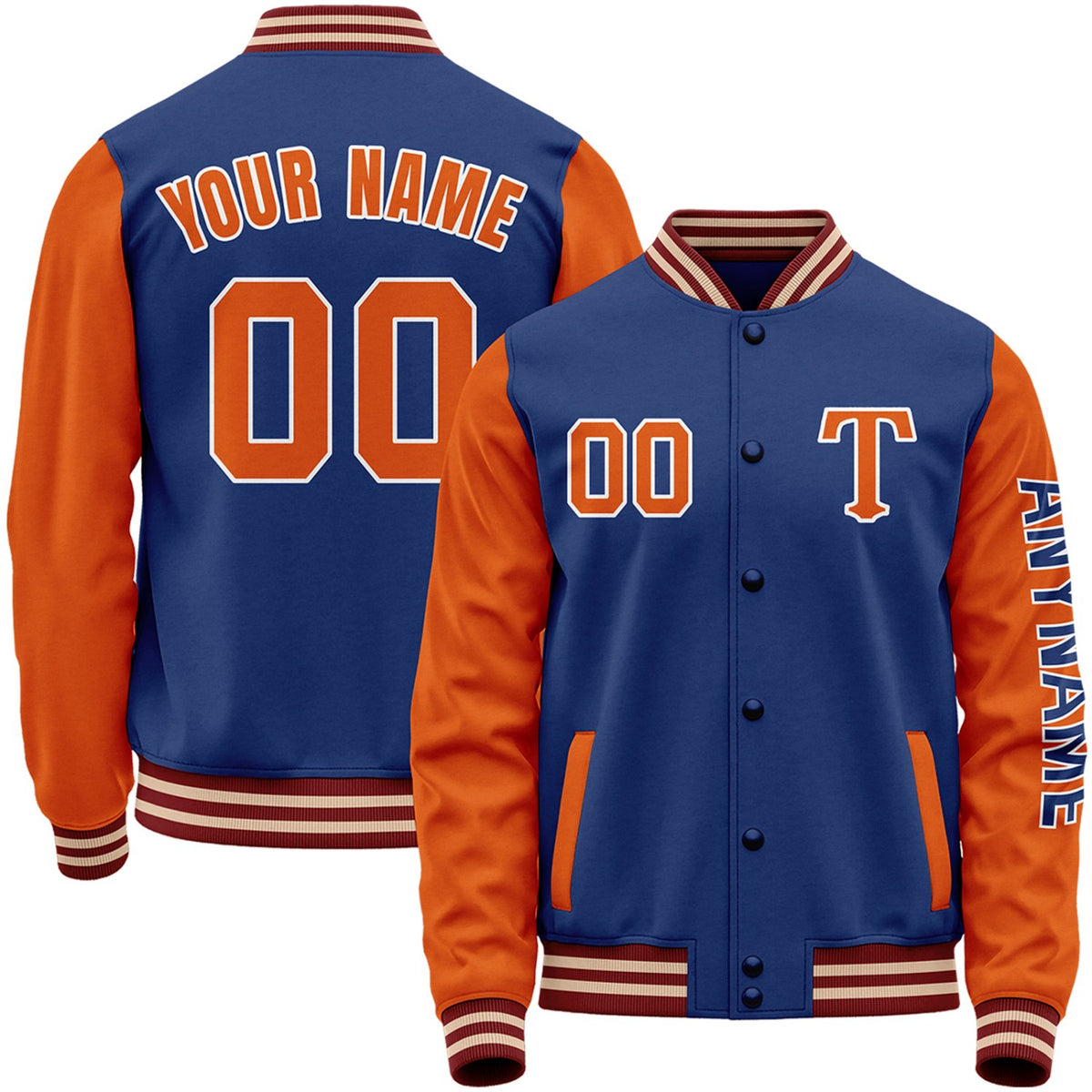 Custom royal blue and orange baseball team jackets by Vosoli with stitched name, number and logo. Classic varsity jackets for baseball and casual wear.