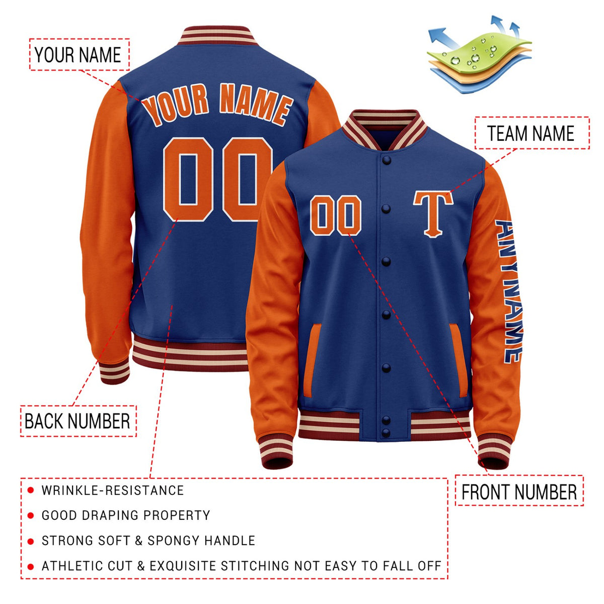 Custom Royal Blue & Orange Varsity Letterman Jacket | Personalized Baseball Bomber Coat for Adult & Youth