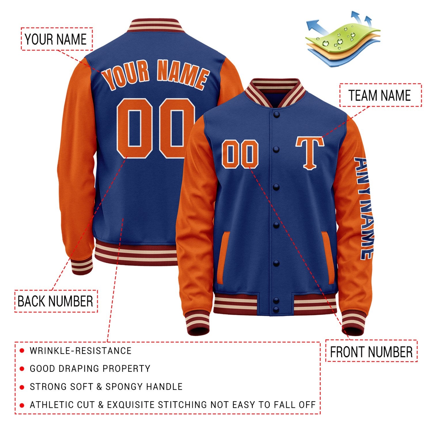 Custom Royal Blue & Orange Varsity Letterman Jacket | Personalized Baseball Bomber Coat for Adult & Youth