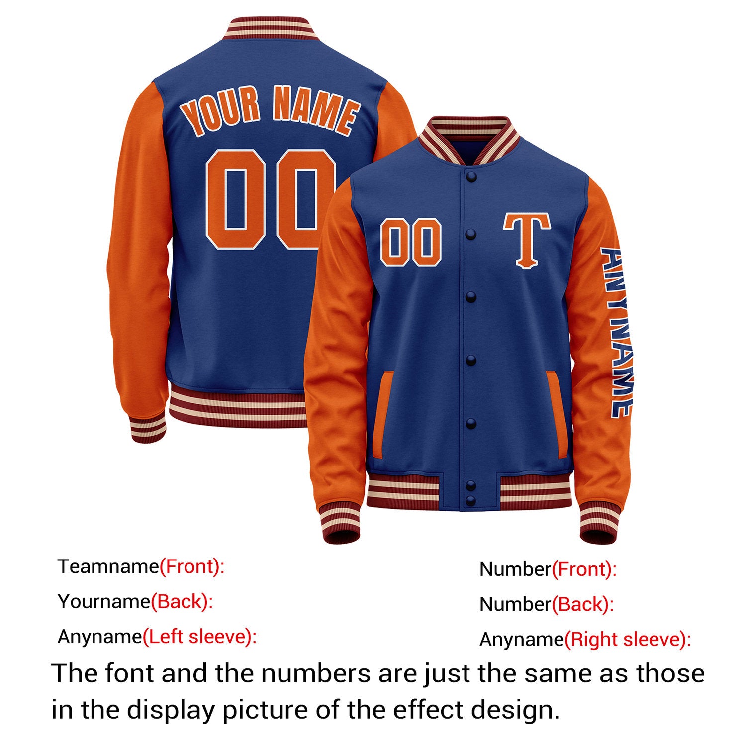 Custom Royal Blue & Orange Varsity Letterman Jacket | Personalized Baseball Bomber Coat for Adult & Youth