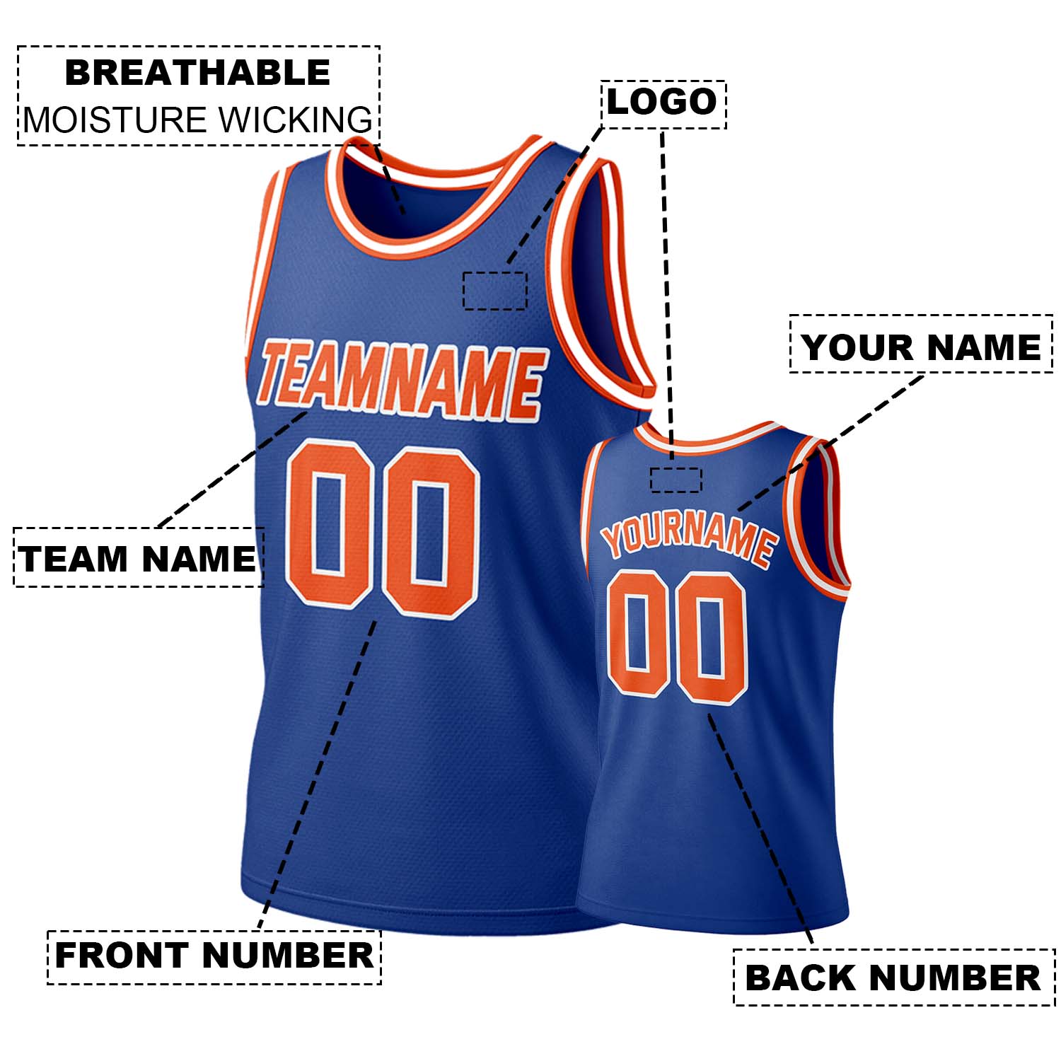 Custom Royal Blue & Orange Mesh Basketball Jersey | Personalized Team Uniform