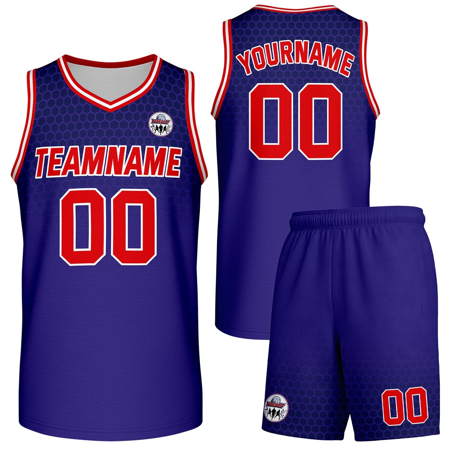 Custom navy blue honeycomb-pattern basketball uniform set, personalized team name number logo breathable mesh jersey and shorts men women youth game practice - Vosoli