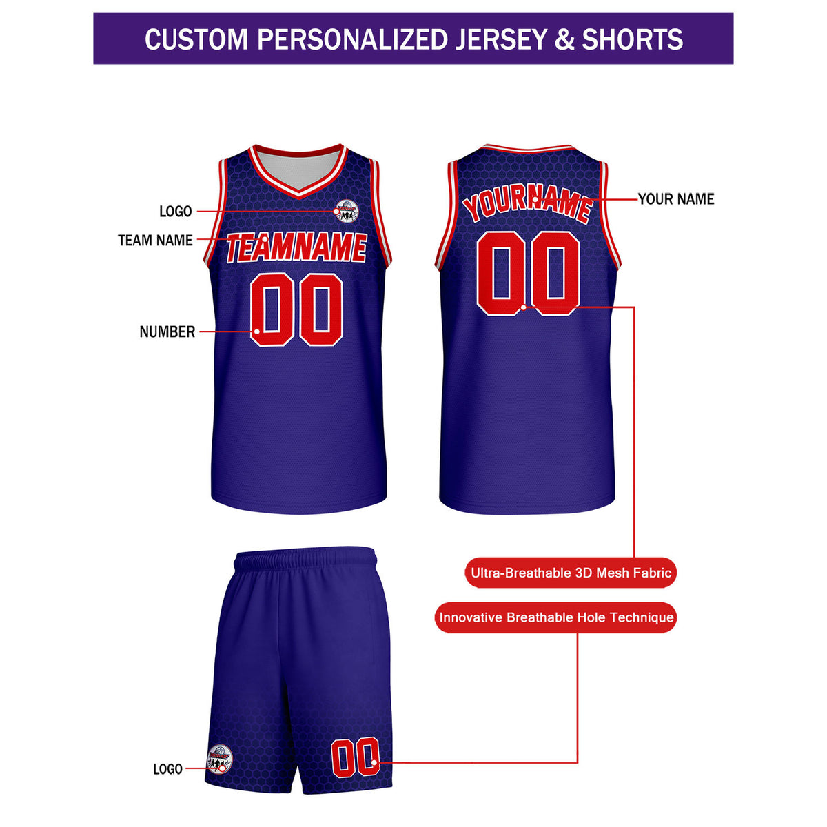 Custom Royal Blue & Red Honeycomb Basketball Uniform Set | Personalized Team Name & Number - Vosoli