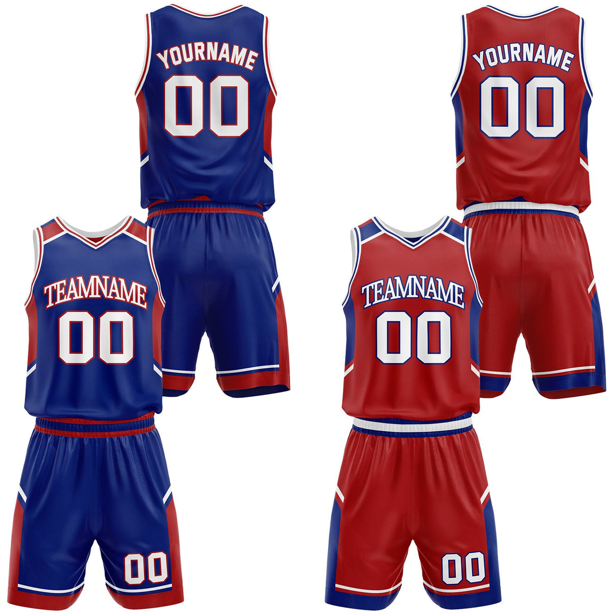 Custom royal blue and red school basketball uniform set, personalized name, number and logo, breathable mesh for youth &amp; adult.