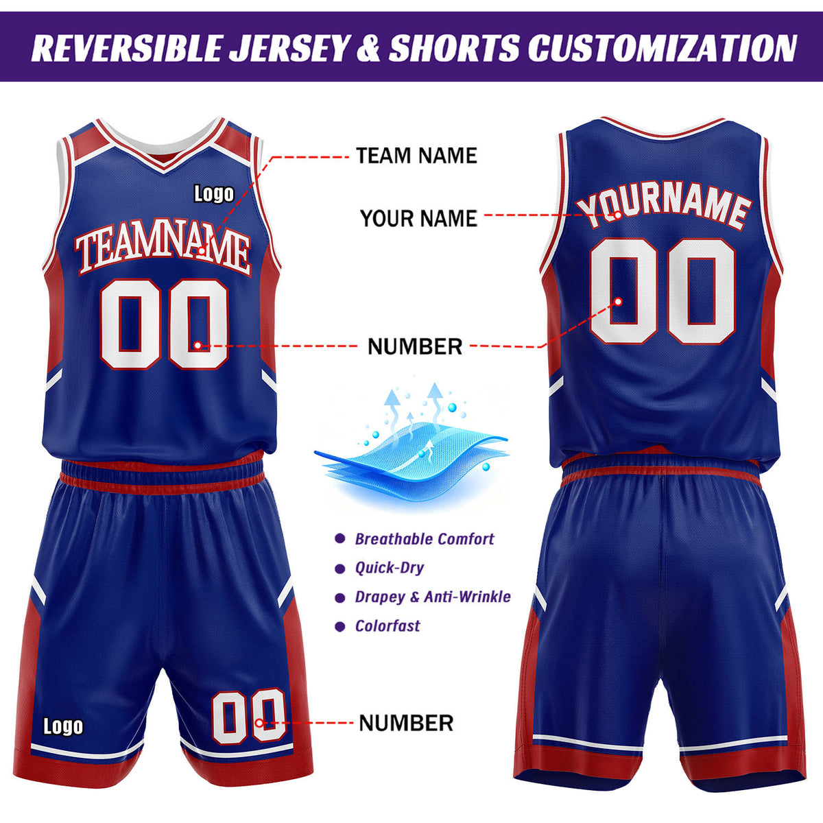 Custom Reversible Basketball Uniform Set | Royal Blue & Red V-Neck Sleeveless Jersey & Athletic Shorts