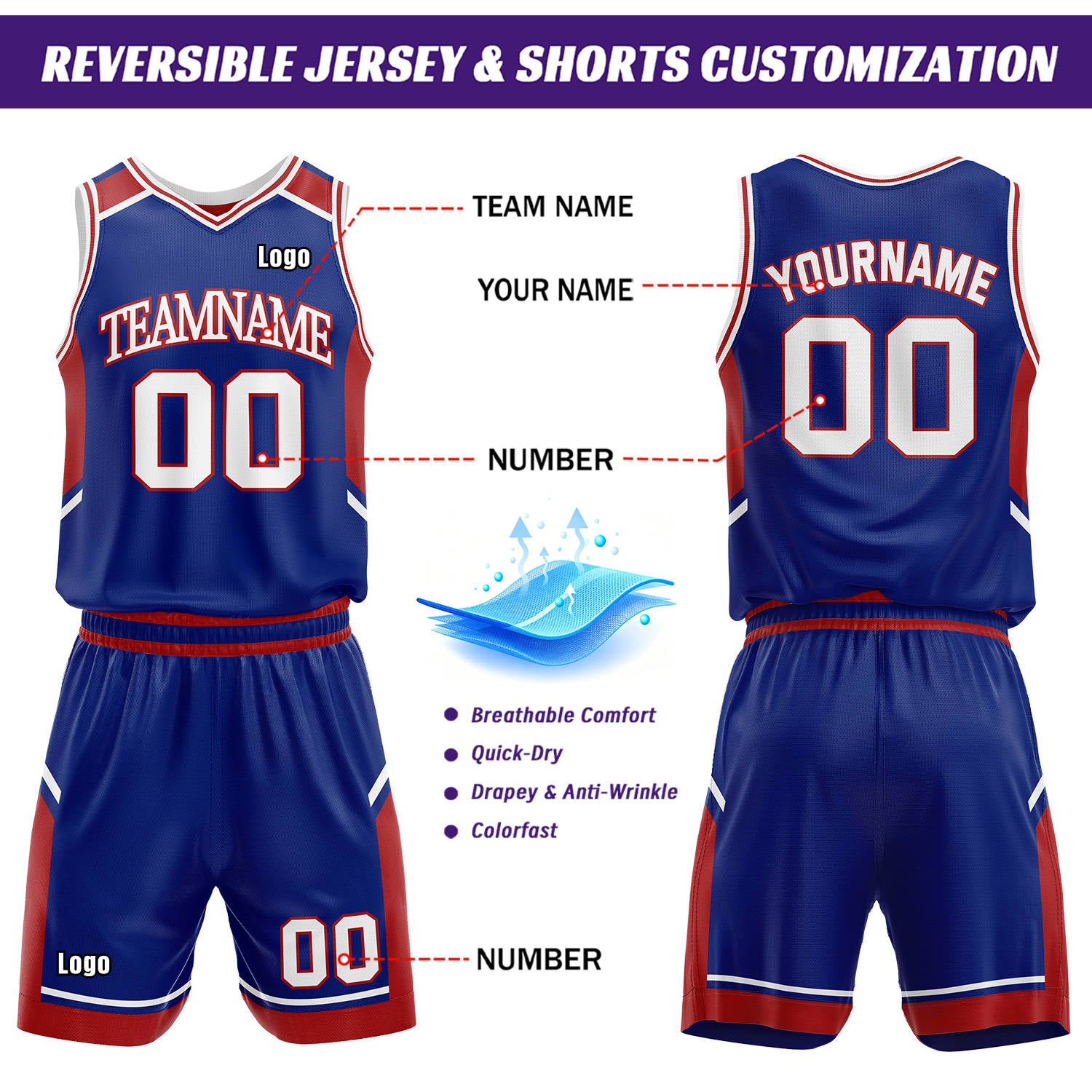 Custom Reversible Basketball Uniform Set | Royal Blue & Red V-Neck Sleeveless Jersey & Athletic Shorts