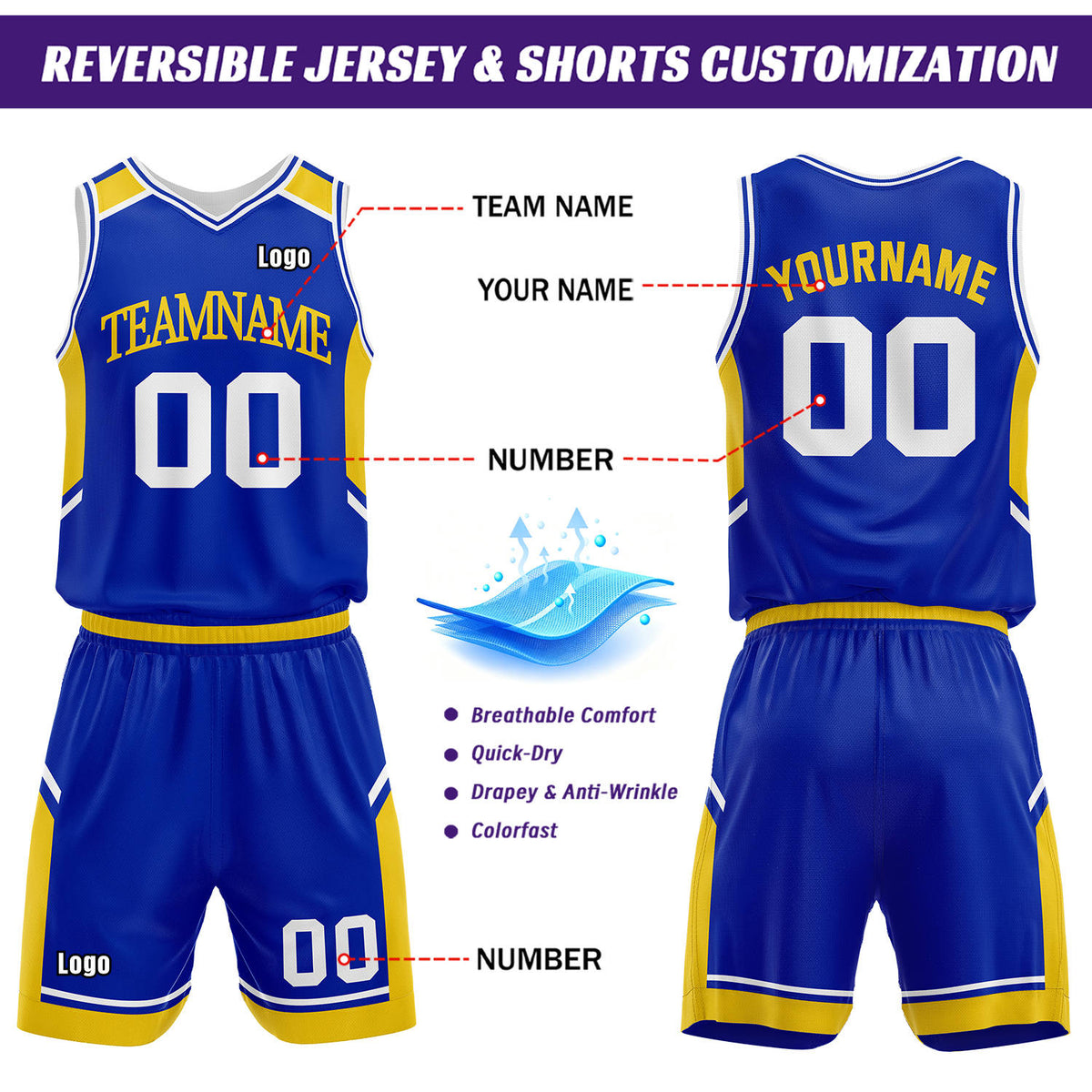 Custom Reversible Basketball Uniform Set | Royal Blue & White V-Neck Sleeveless Jersey & Athletic Shorts