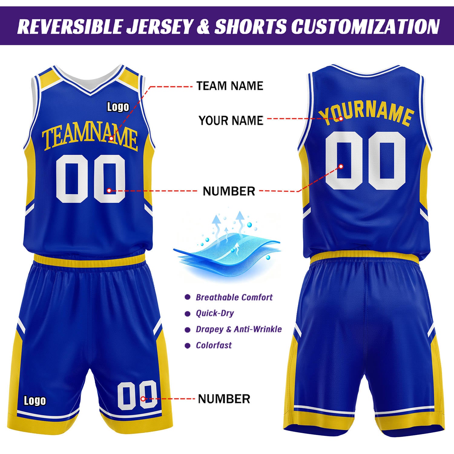 Custom Reversible Basketball Uniform Set | Royal Blue & White V-Neck Sleeveless Jersey & Athletic Shorts