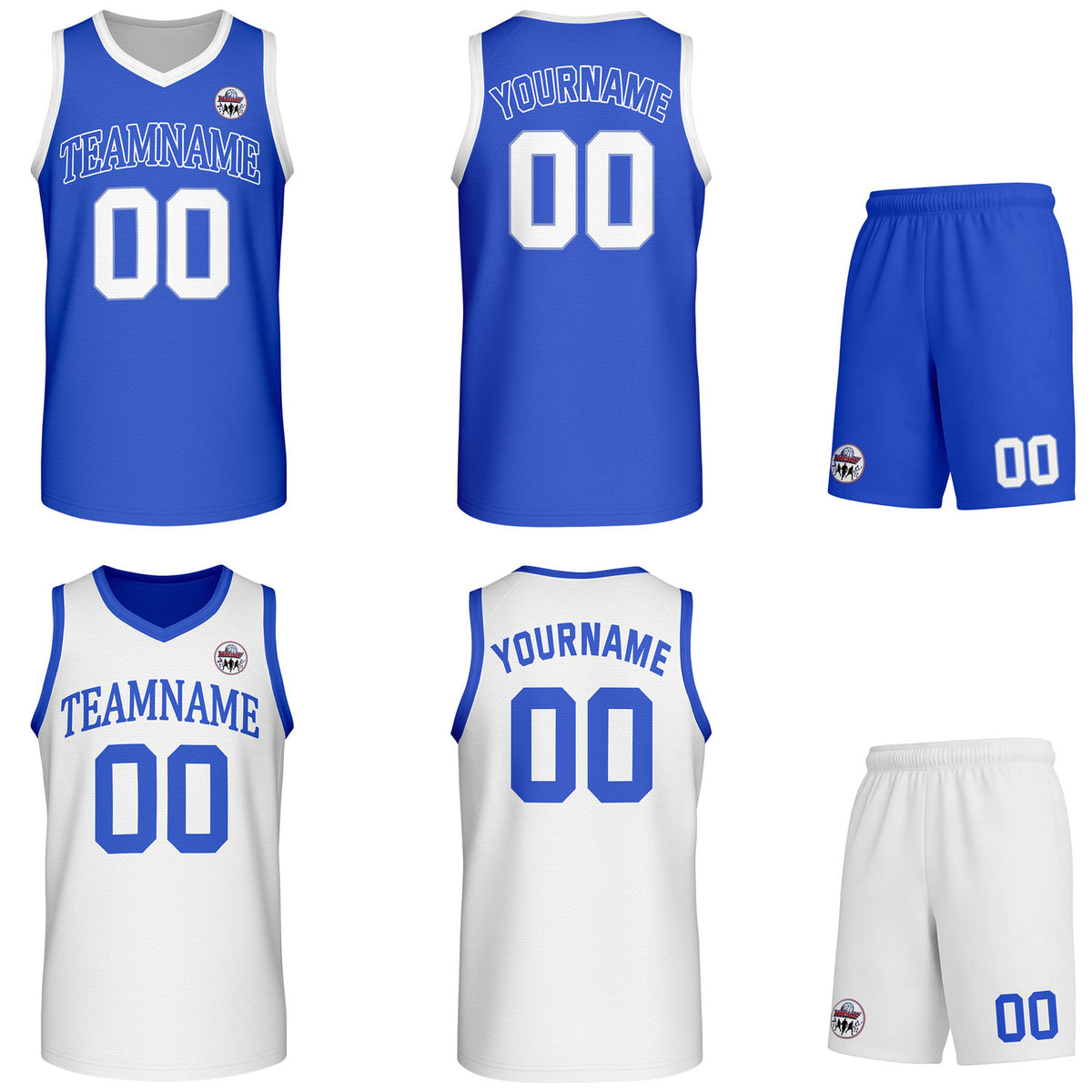 Custom royal blue &amp; white Reversible basketball uniform set, personalized team name number logo breathable mesh jersey and shorts men women youth game practice - Vosoli