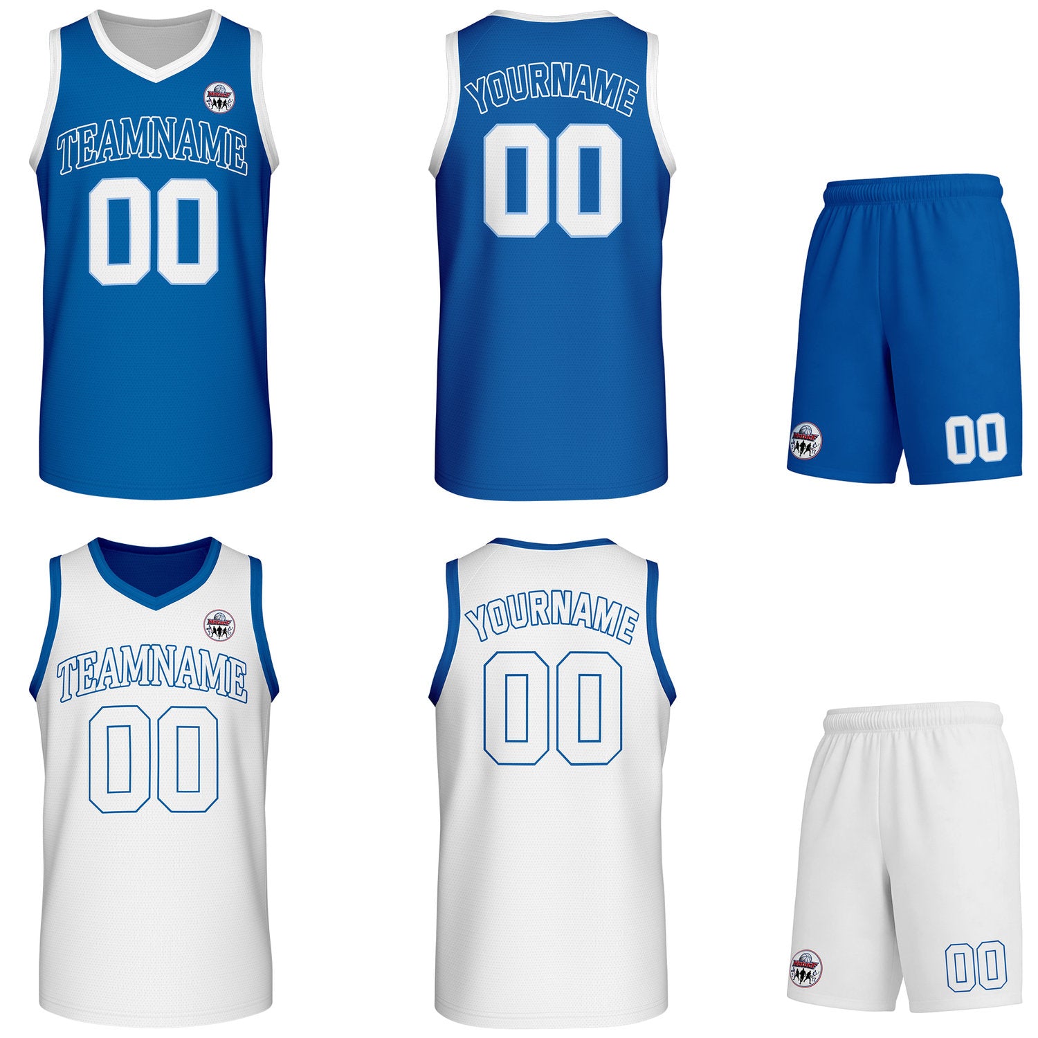 Custom royal blue & white Reversible basketball uniform set, personalized team name number logo breathable mesh jersey and shorts men women youth game practice - Vosoli