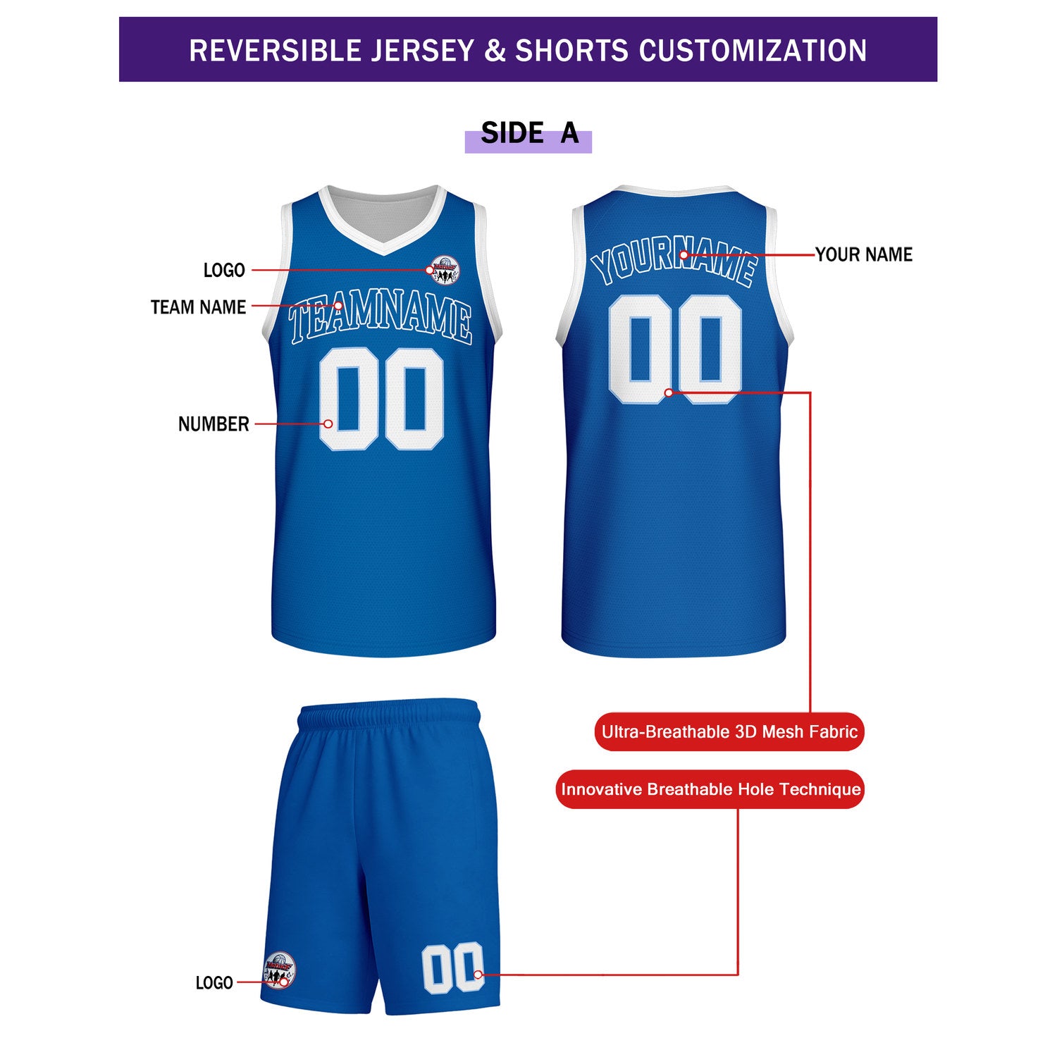 Custom Royal Blue & White Reversible Basketball Uniform Set | Personalized Team Name & Number - Vosoli