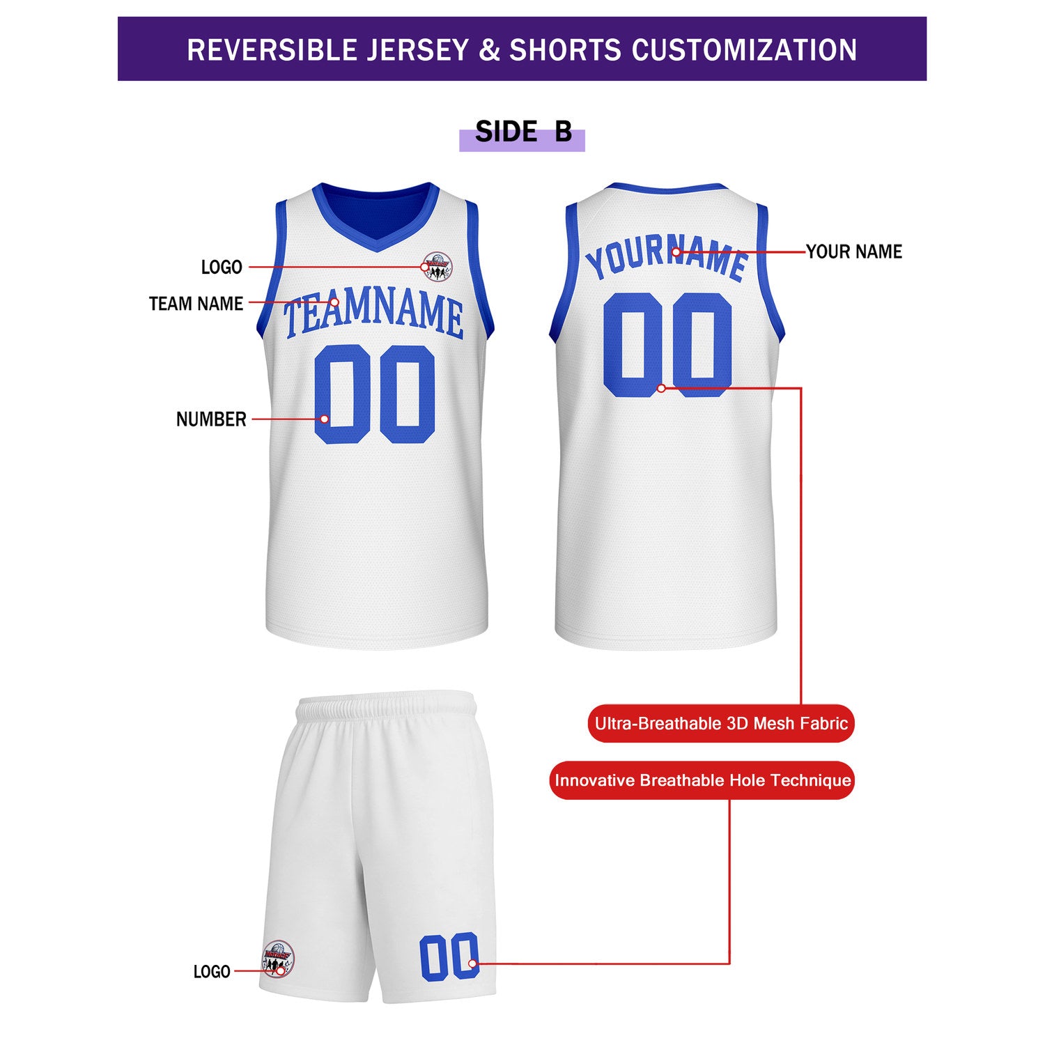 Custom Royal Blue & White Reversible Basketball Uniform Set | Personalized Team Name & Number - Vosoli