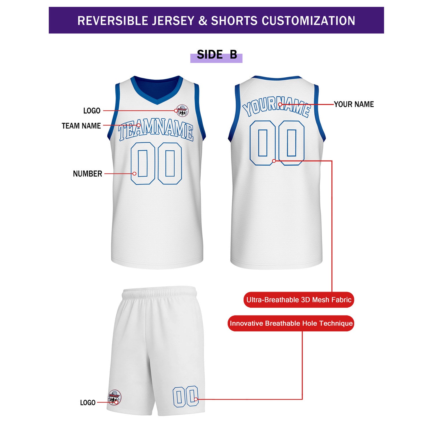 Custom Royal Blue & White Reversible Basketball Uniform Set | Personalized Team Name & Number - Vosoli