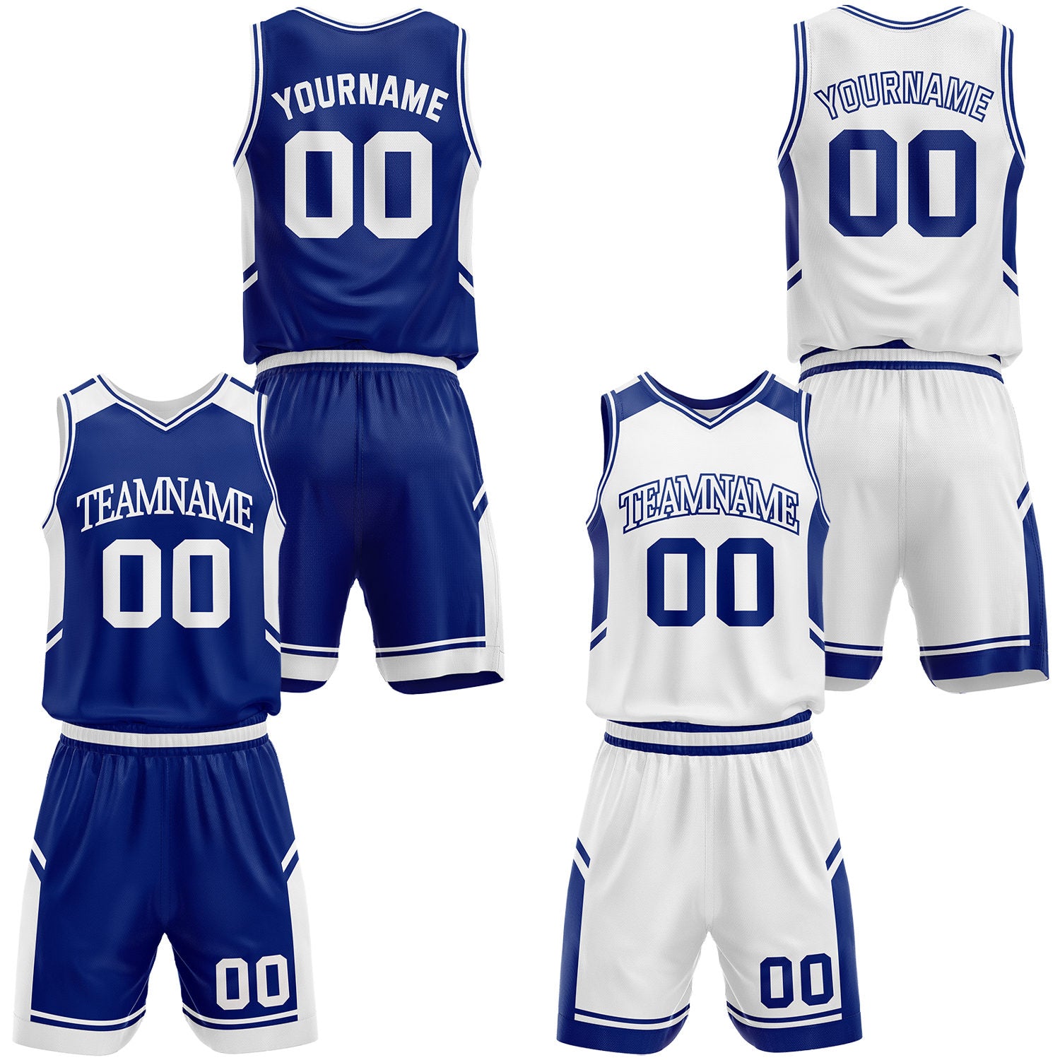 Custom royal blue and white throwback basketball uniforms, personalized name, number and logo, breathable mesh for youth & adult.