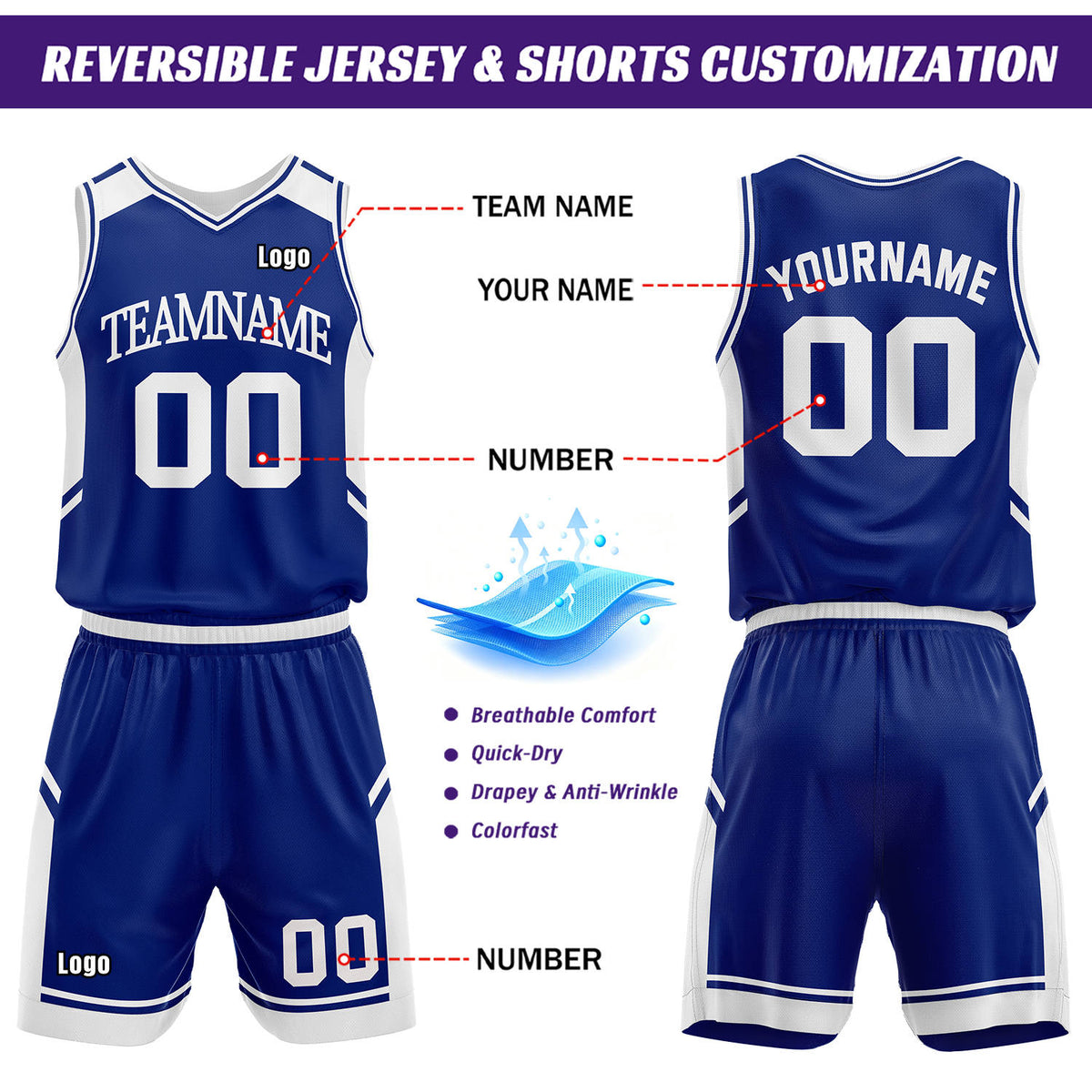 Custom Reversible Basketball Uniform Set | Royal Blue & White V-Neck Sleeveless Jersey & Athletic Shorts