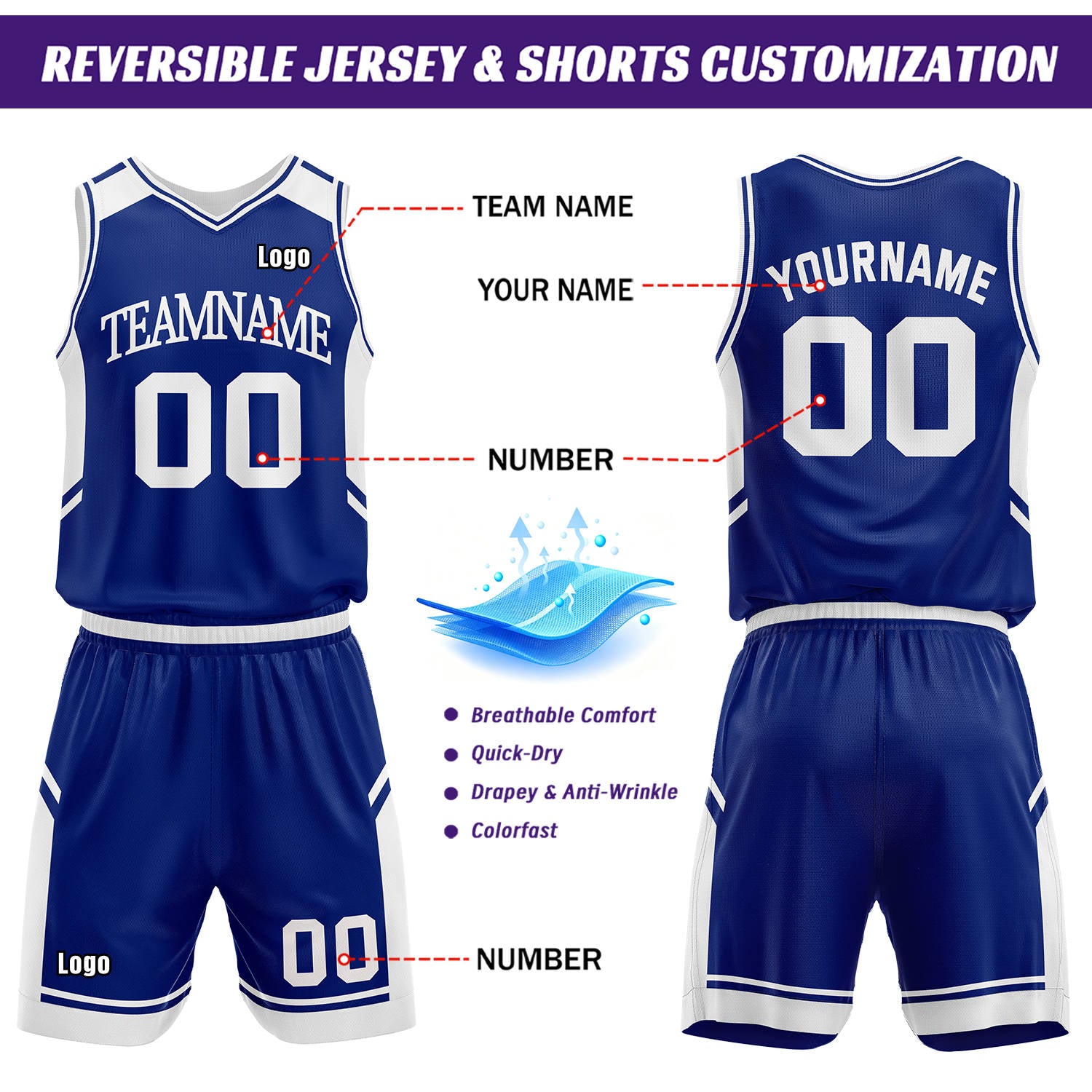 Custom Reversible Basketball Uniform Set | Royal Blue & White V-Neck Sleeveless Jersey & Athletic Shorts