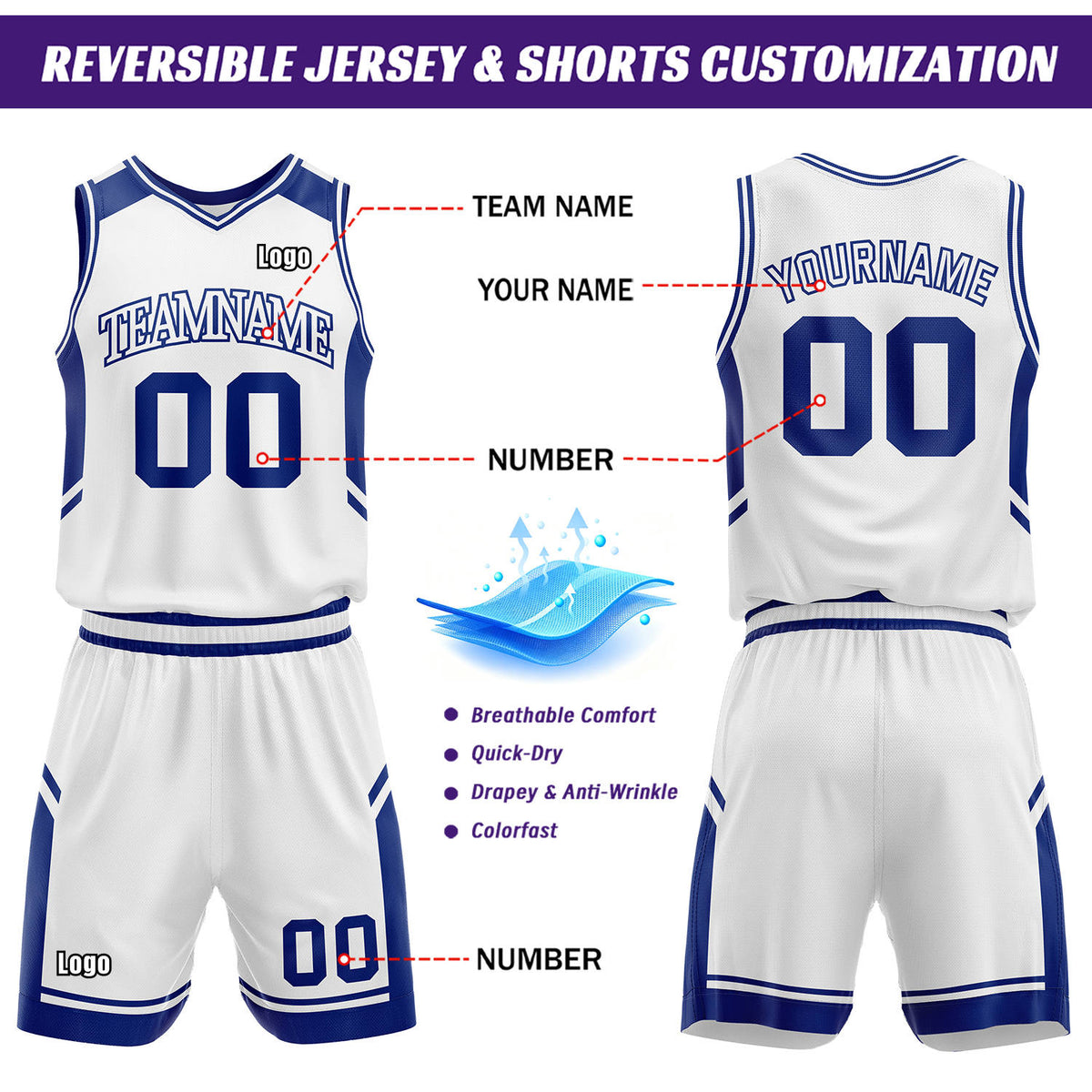 Custom Reversible Basketball Uniform Set | Royal Blue & White V-Neck Sleeveless Jersey & Athletic Shorts