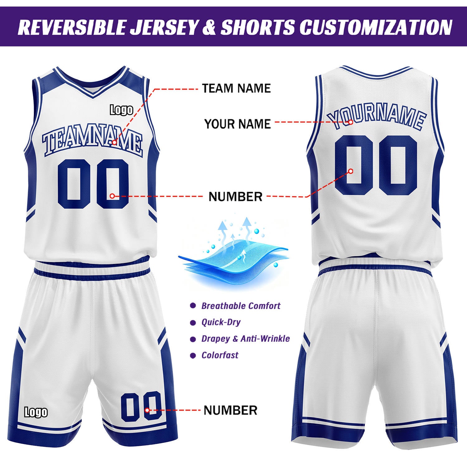 Custom Reversible Basketball Uniform Set | Royal Blue & White V-Neck Sleeveless Jersey & Athletic Shorts