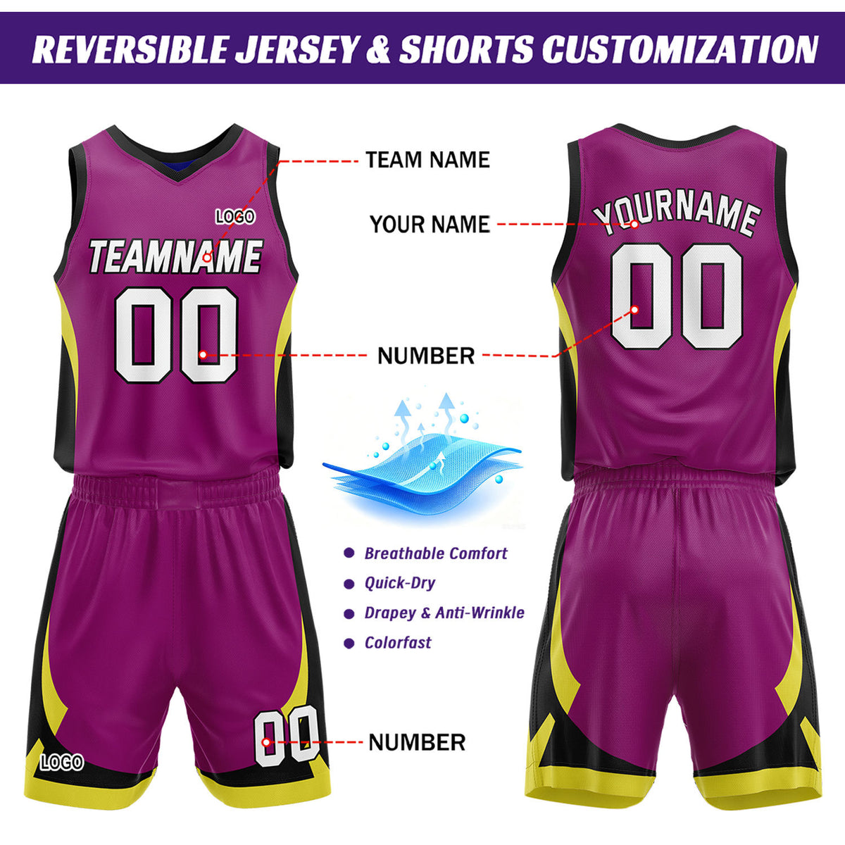 Custom Royal Blue Fuchsia Reversible Basketball Jersey Set | Personalized Name Number Mesh Sports Uniform