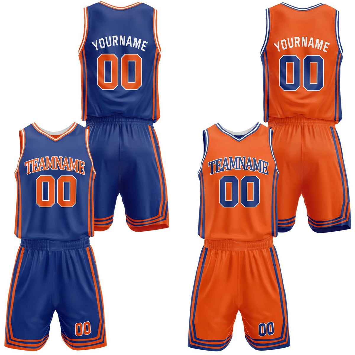 Custom royal blue &amp; orange reversible basketball jersey shorts set by Vosoli | Personalized team name number casual vintage uniform sportswear