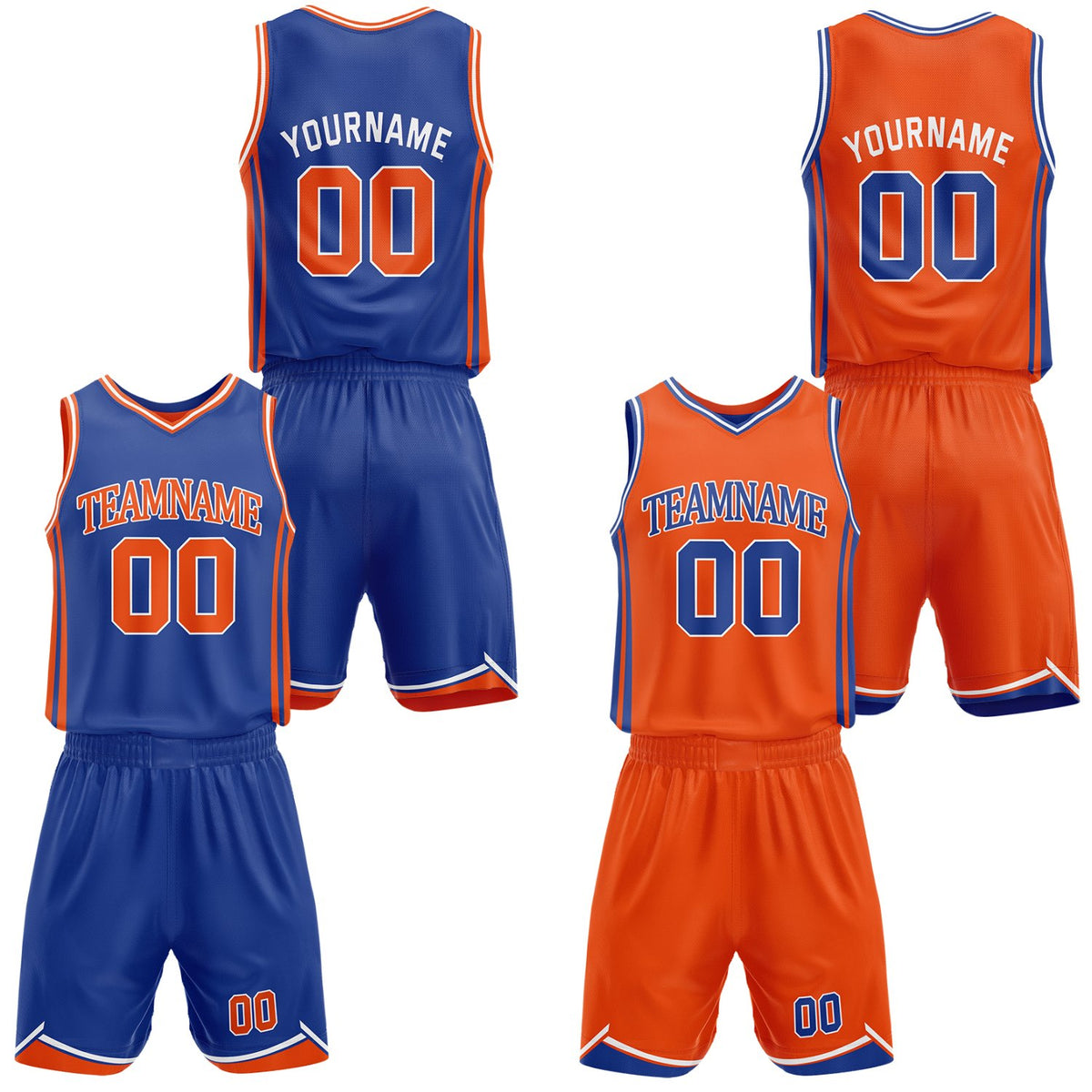 Custom royal blue &amp; orange reversible basketball jersey shorts set by Vosoli | Personalized team name number casual vintage uniform sportswear