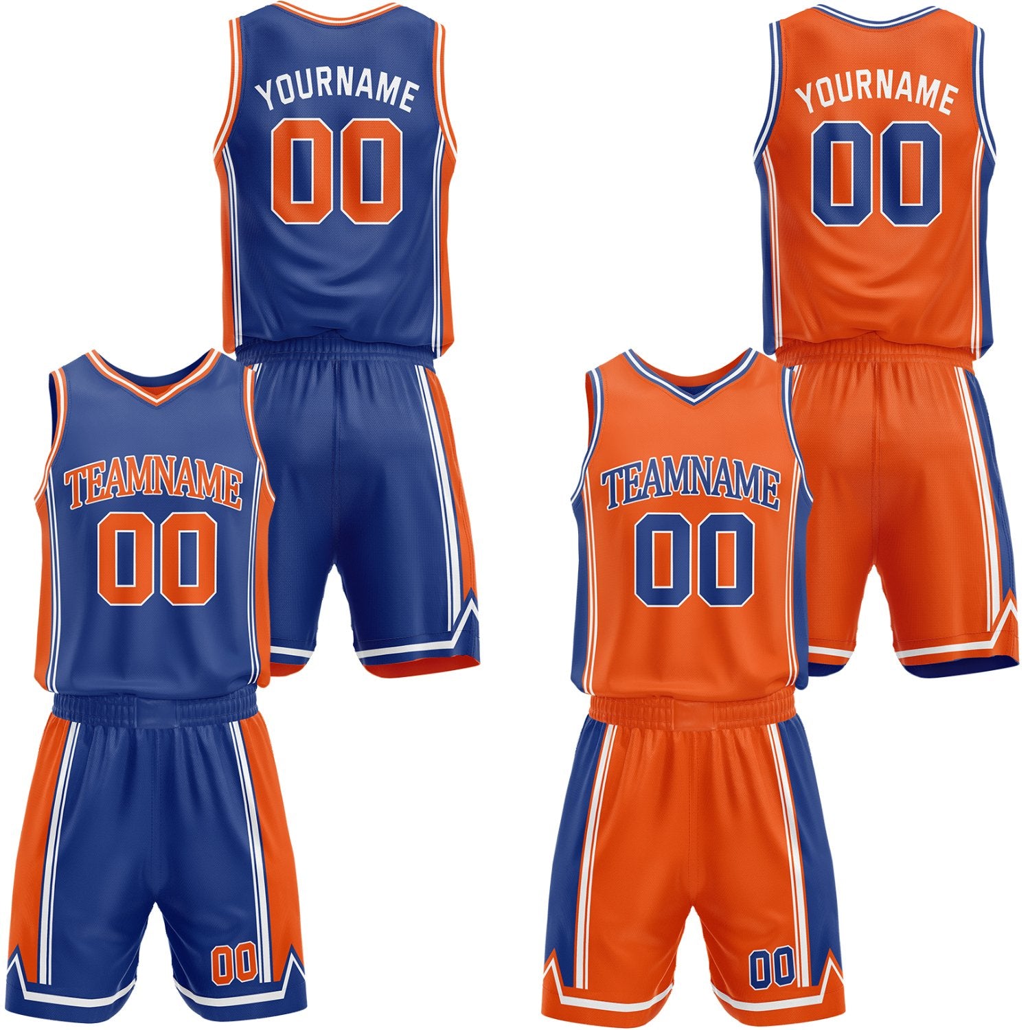 Custom royal blue & orange reversible basketball jersey shorts set by Vosoli | Personalized team name number casual vintage uniform sportswear