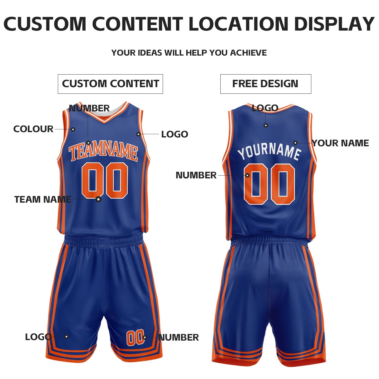 Custom Royal Blue & Orange Reversible Basketball Jersey Shorts Set | Personalized Full Vintage Team Uniform