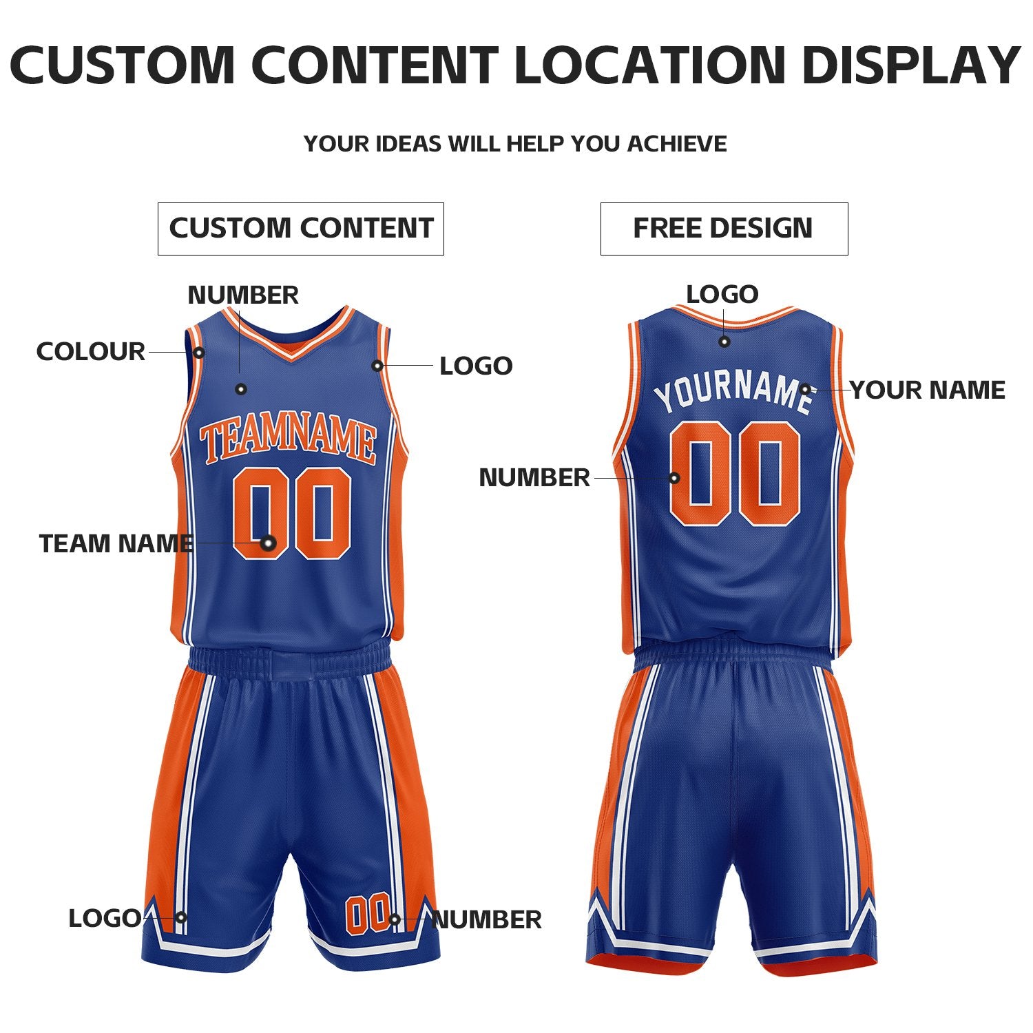 Custom Royal Blue & Orange Reversible Basketball Jersey Shorts Set | Personalized Full Vintage Team Uniform