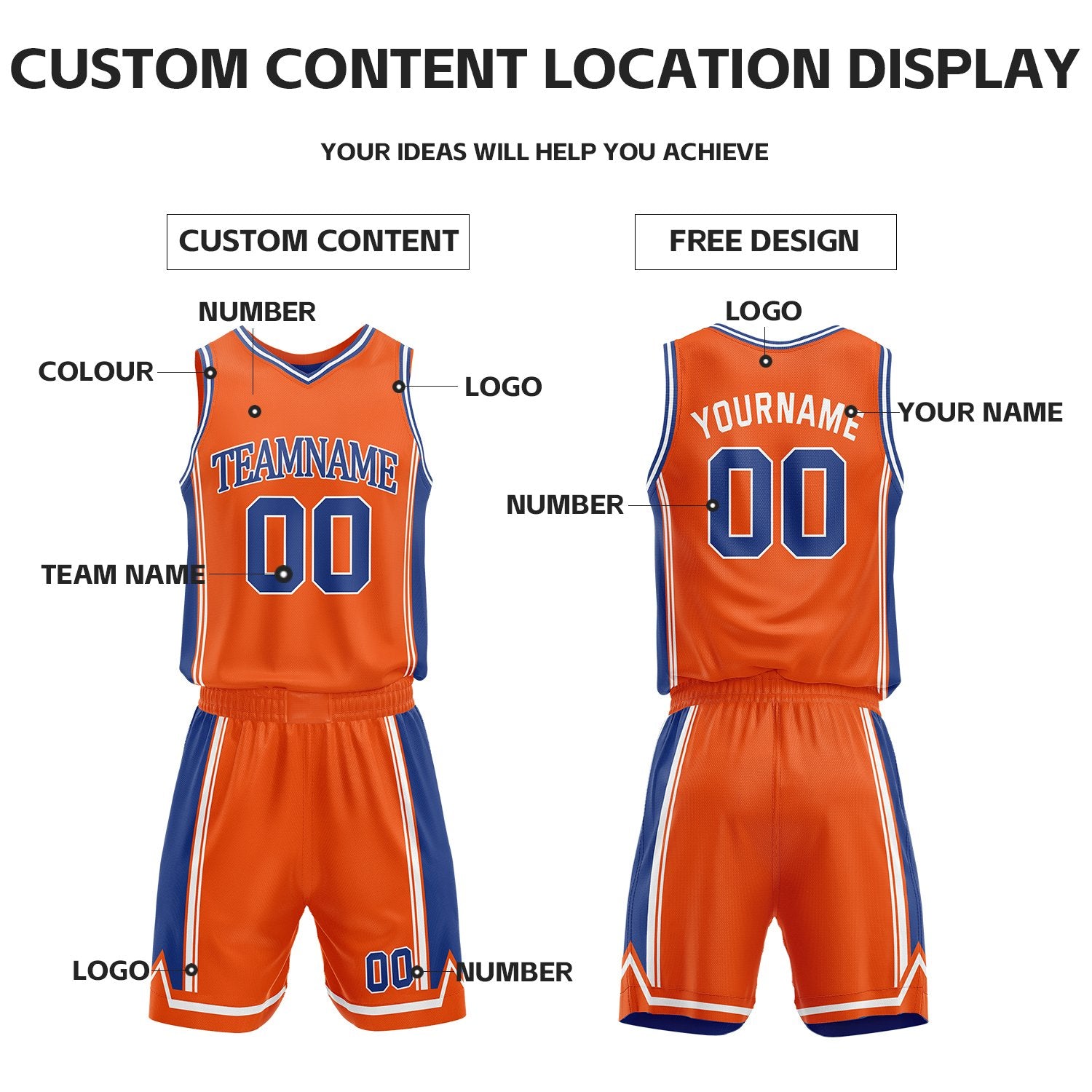 Custom Royal Blue & Orange Reversible Basketball Jersey Shorts Set | Personalized Full Vintage Team Uniform