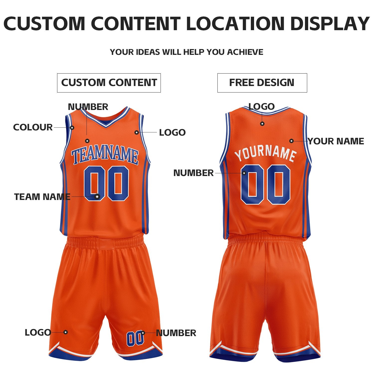 Custom Royal Blue & Orange Reversible Basketball Jersey Shorts Set | Personalized Full Vintage Team Uniform