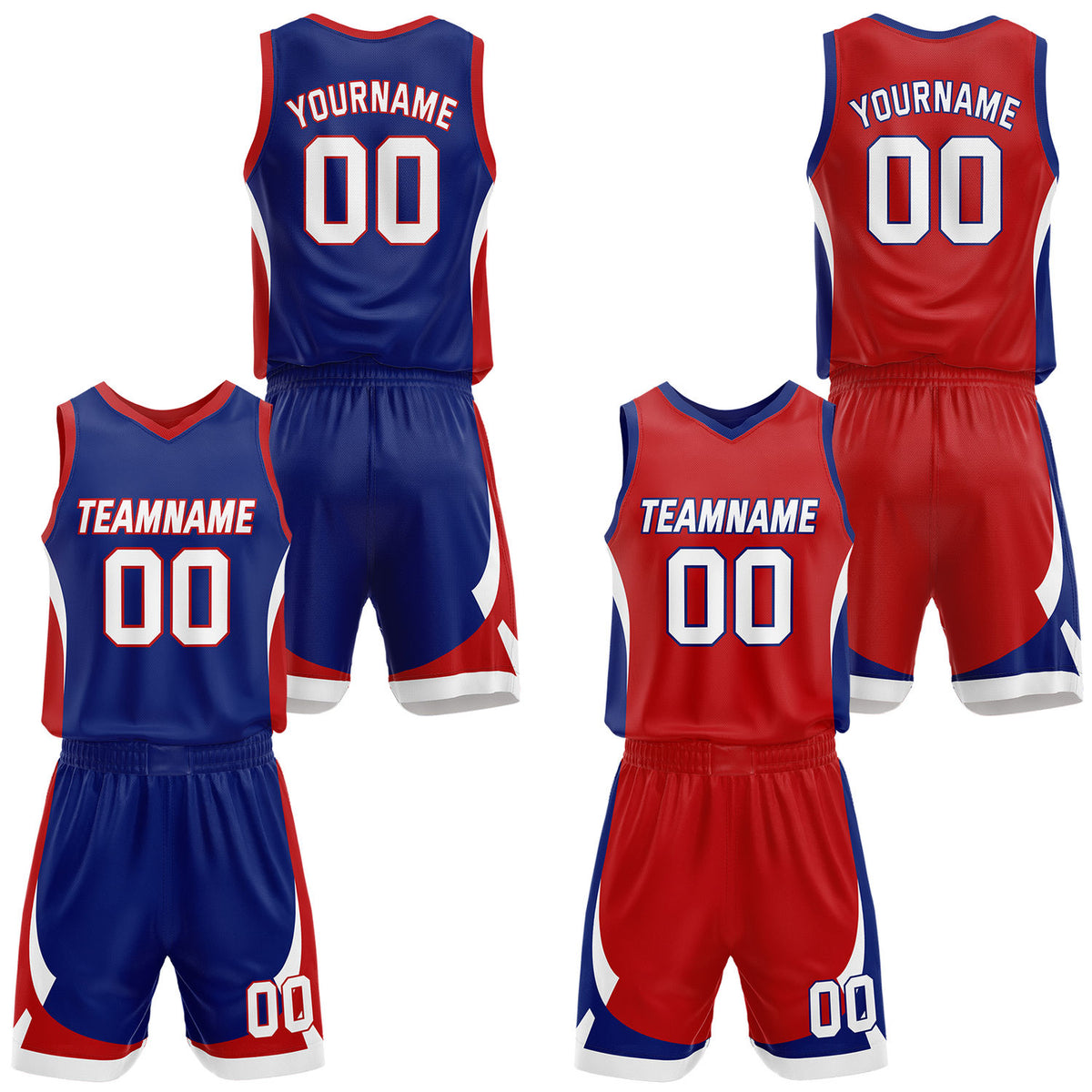 Custom royal blue &amp; red reversible basketball jersey set with shorts by Vosoli | Personalized team name, number &amp; logo | Breathable mesh sport jersey uniform