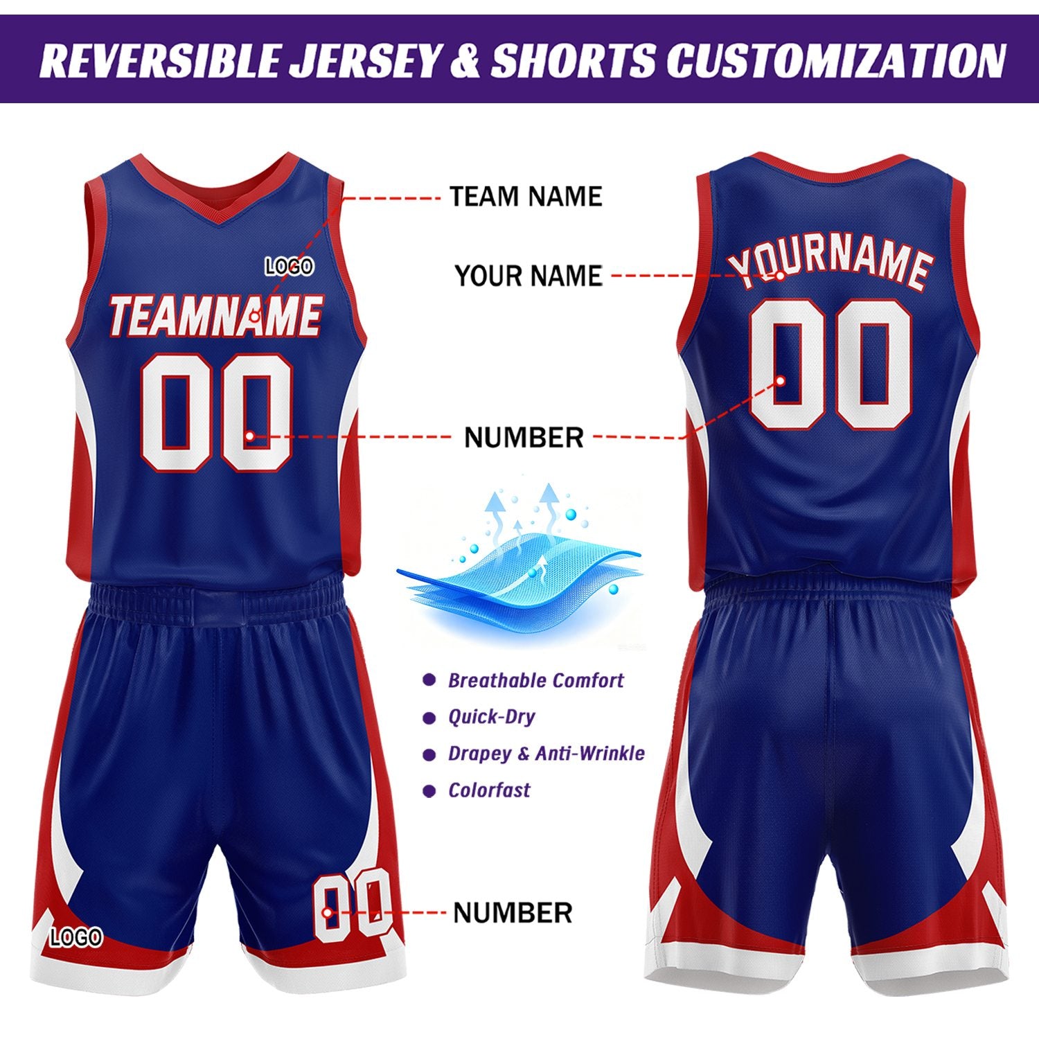 Custom Royal Blue Red Reversible Basketball Jersey Set | Personalized Name Number Mesh Sports Uniform