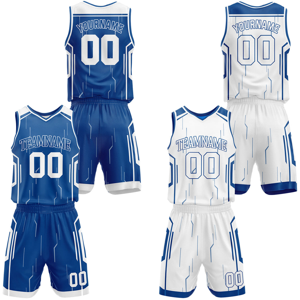 Custom royal blue &amp; white reversible basketball jersey shorts set by Vosoli | Personalized outline block team name number tech geometric uniform sportswear