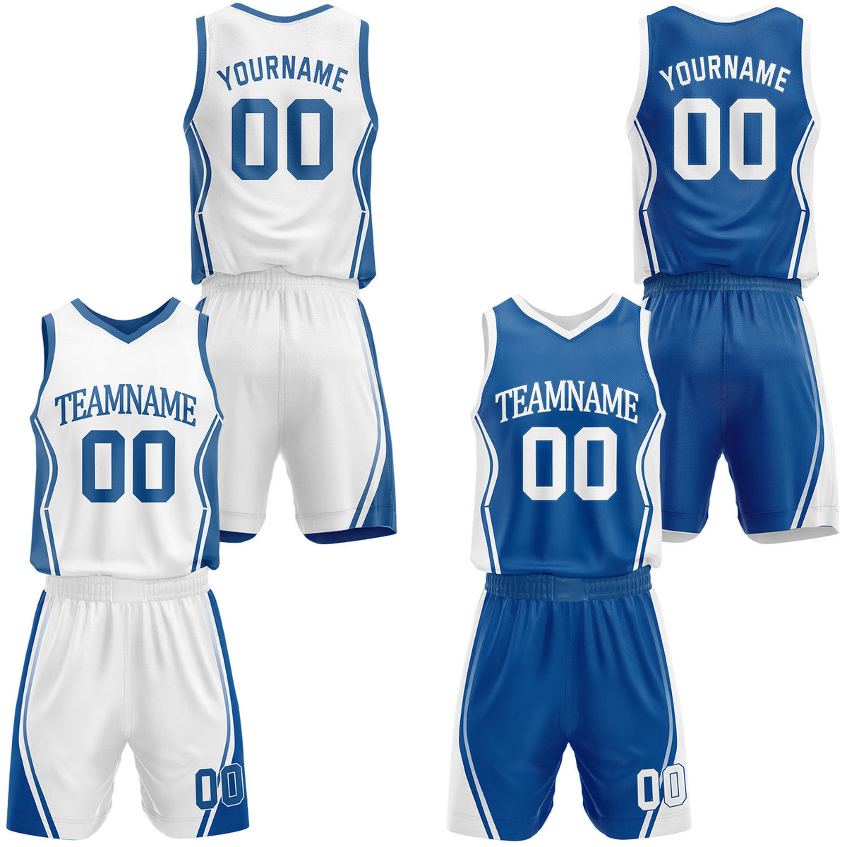 Custom royal blue &amp; white reversible basketball jersey shorts set by Vosoli | Personalized block team name number geometric uniform sportswear