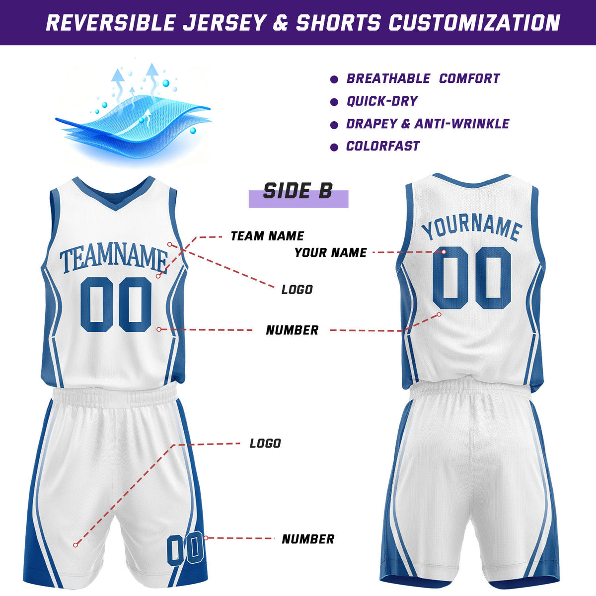 Custom Royal Blue & White Reversible Geometric Basketball Jersey Shorts Set | Personalized Team Uniform