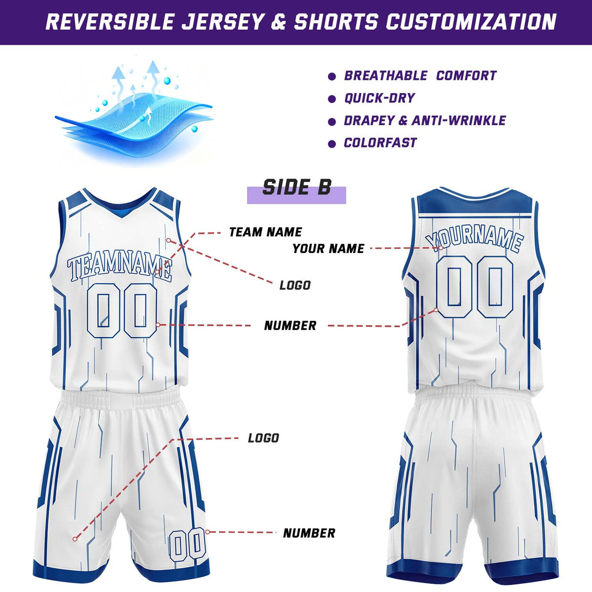 Custom Royal Blue & White Reversible Geometric Basketball Jersey Shorts Set | Personalized Team Uniform