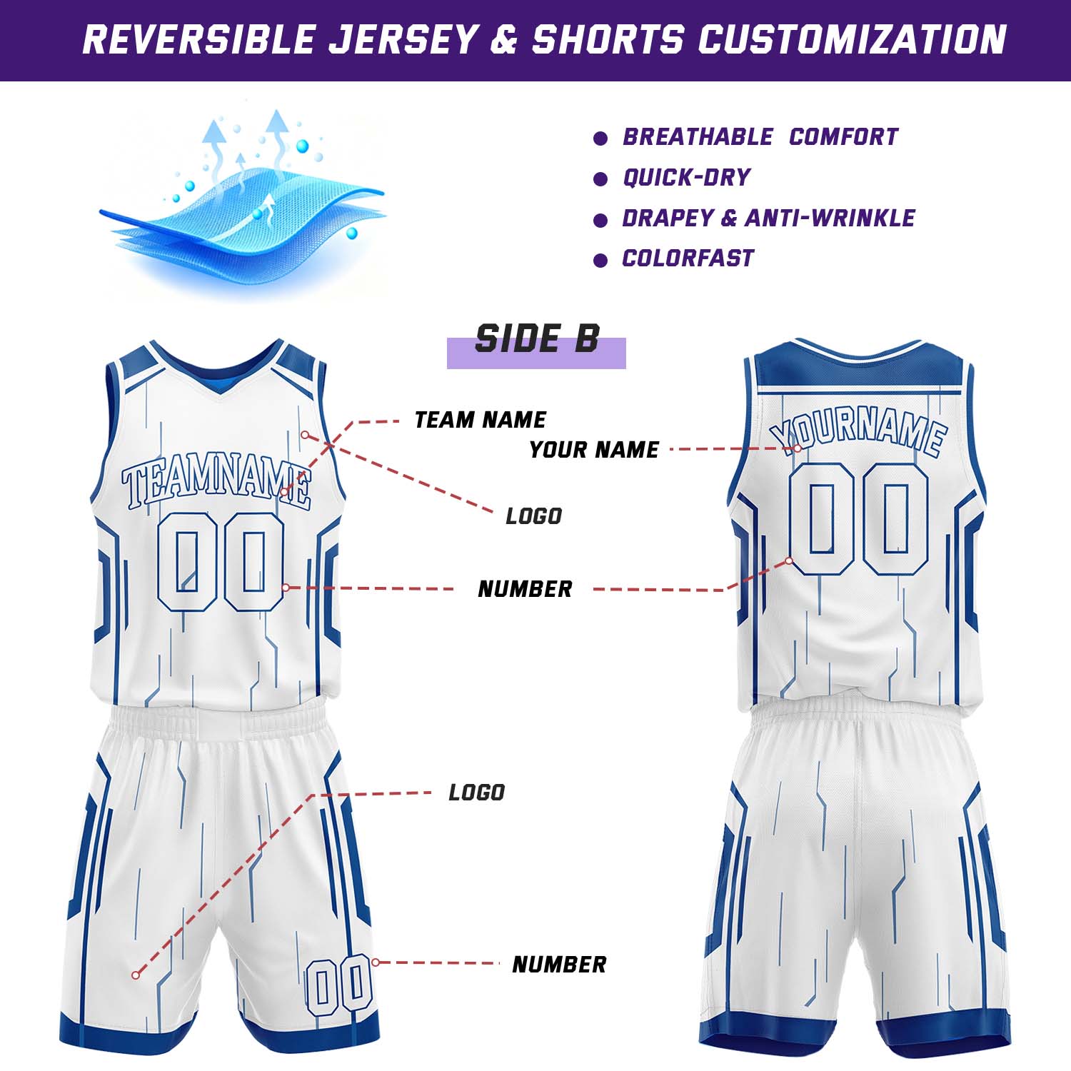 Custom Royal Blue & White Reversible Geometric Basketball Jersey Shorts Set | Personalized Team Uniform