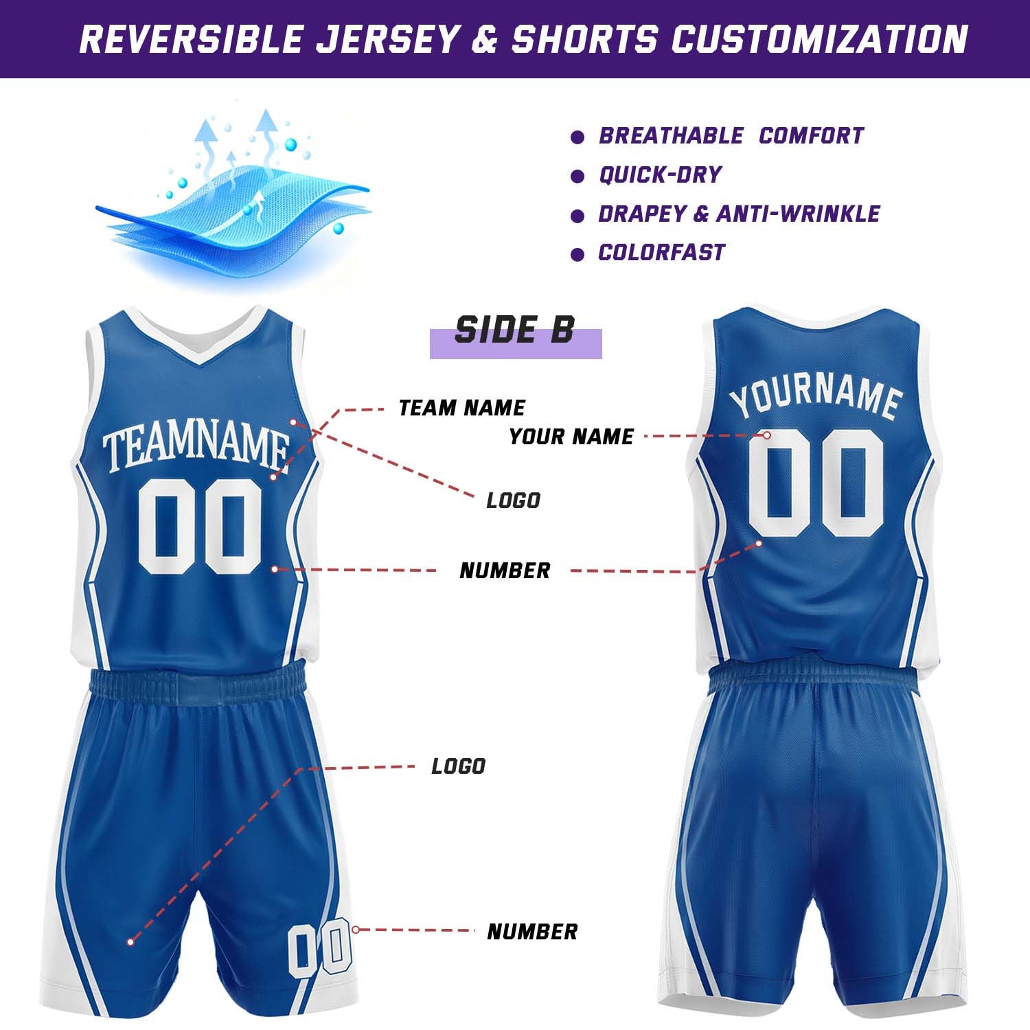 Custom Royal Blue & White Reversible Geometric Basketball Jersey Shorts Set | Personalized Team Uniform