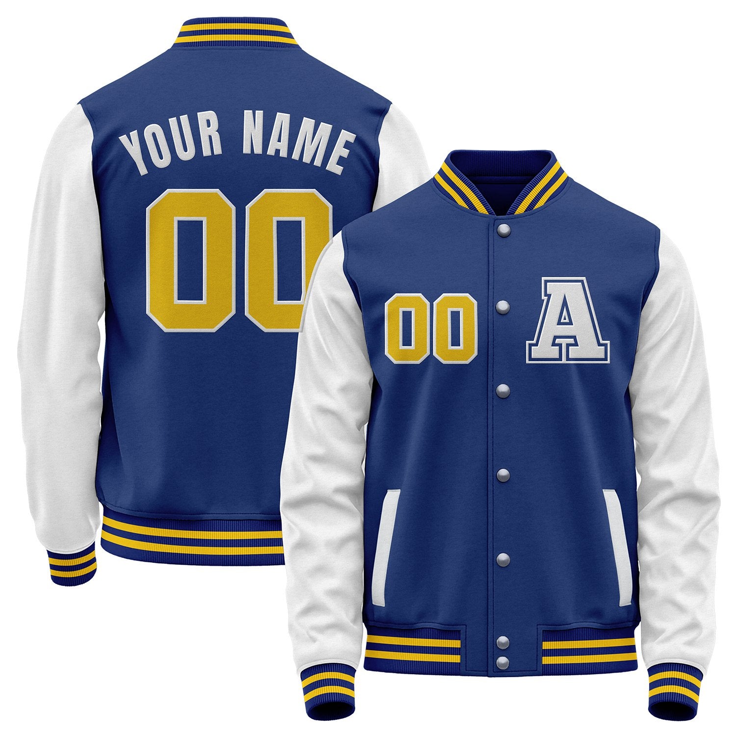 Custom royal blue and white high school baseball varsity jacket by Vosoli with stitched name, number and logo. Classic varsity jacket for baseball and casual wear.