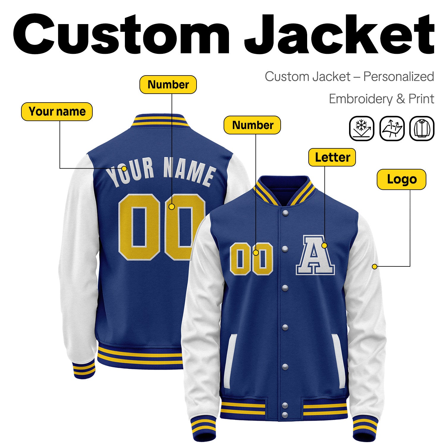Custom Varsity Jacket with Embroidered Name & Number | Royal Blue & White Personalized Team Letterman Bomber