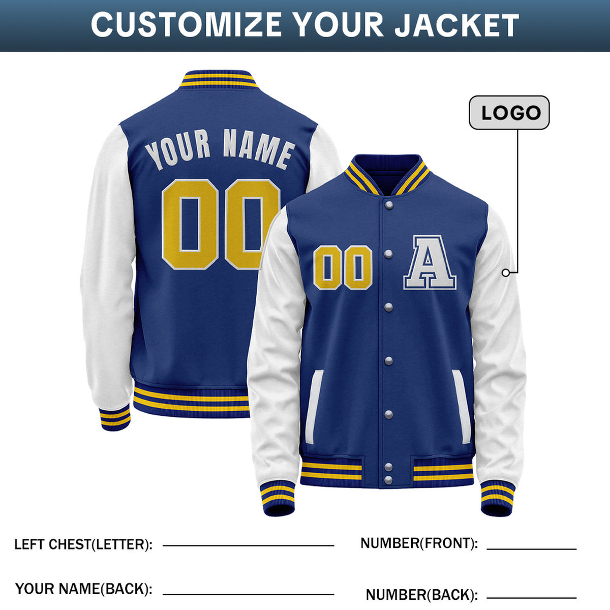 Custom Varsity Jacket with Embroidered Name & Number | Royal Blue & White Personalized Team Letterman Bomber