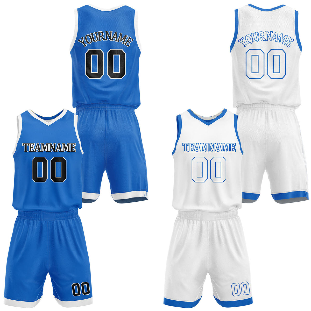 Custom royal blue &amp; white reversible basketball jersey shorts set by Vosoli | Personalized team name number casual uniform sportswear