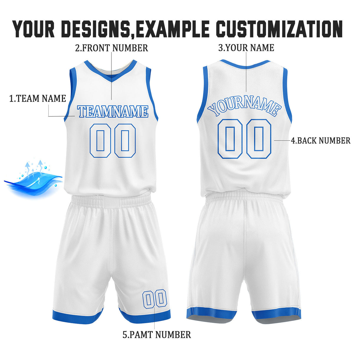 Custom Royal Blue & White Reversible Basketball Jersey Shorts Set | Personalized Full Team Uniform