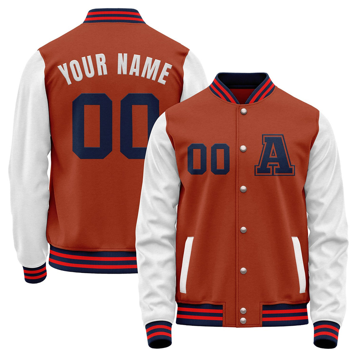 Custom rust and white varsity baseball jacket high school by Vosoli with stitched name, number and logo. Classic varsity jacket for baseball and casual wear.