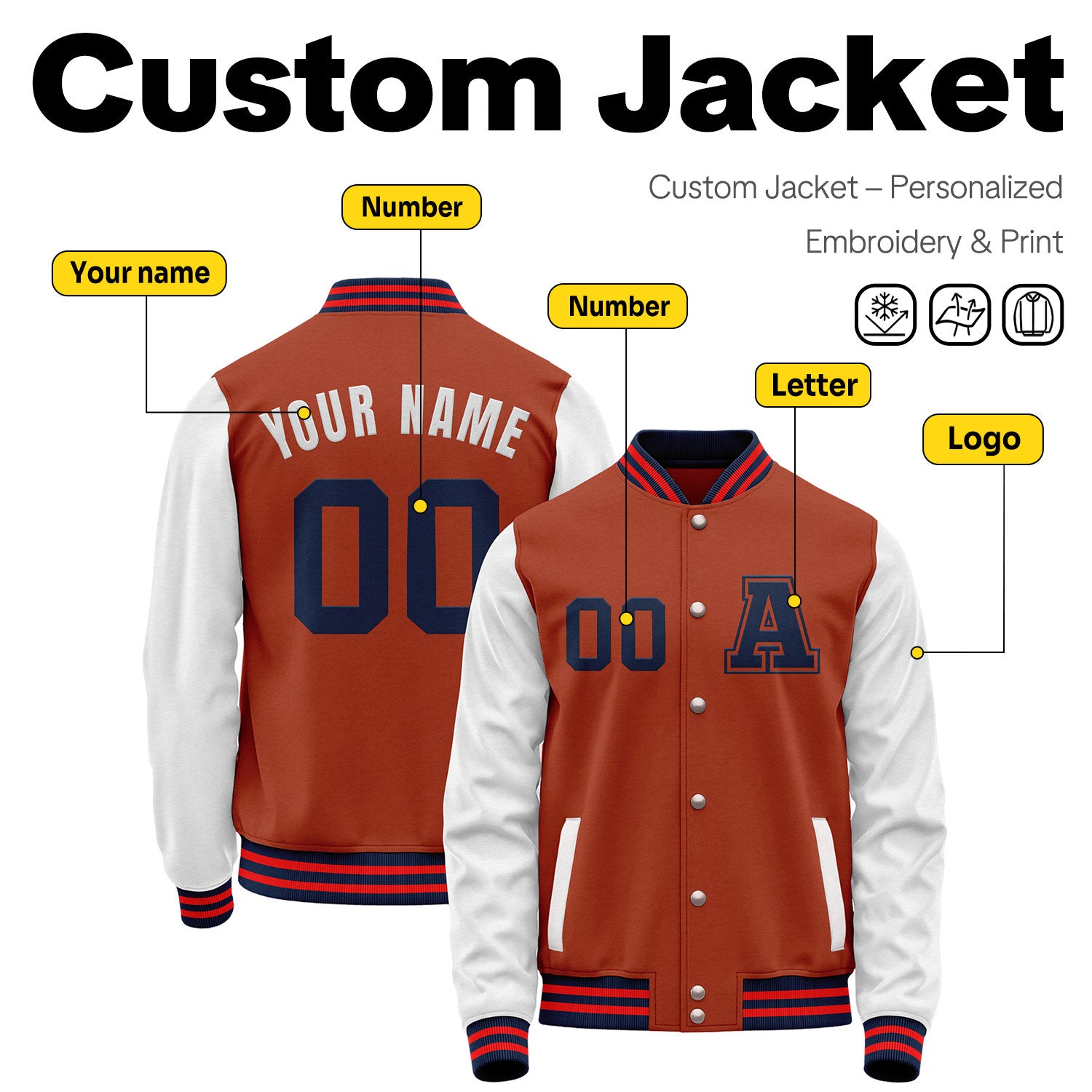 Custom Varsity Jacket with Stitched Name & Number | Rust & White Personalized Team Letterman Bomber