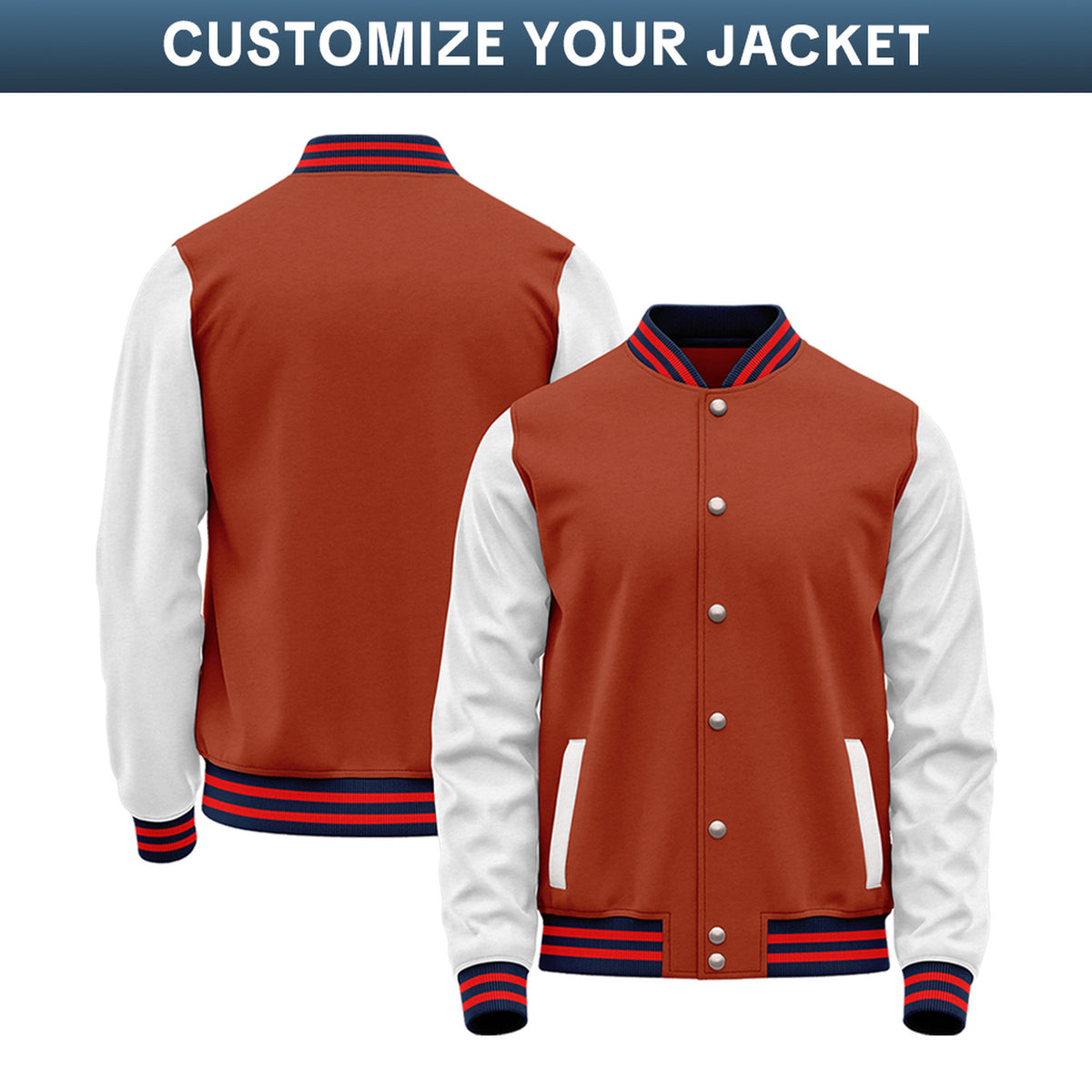 Custom Varsity Jacket with Stitched Name & Number | Rust & White Personalized Team Letterman Bomber