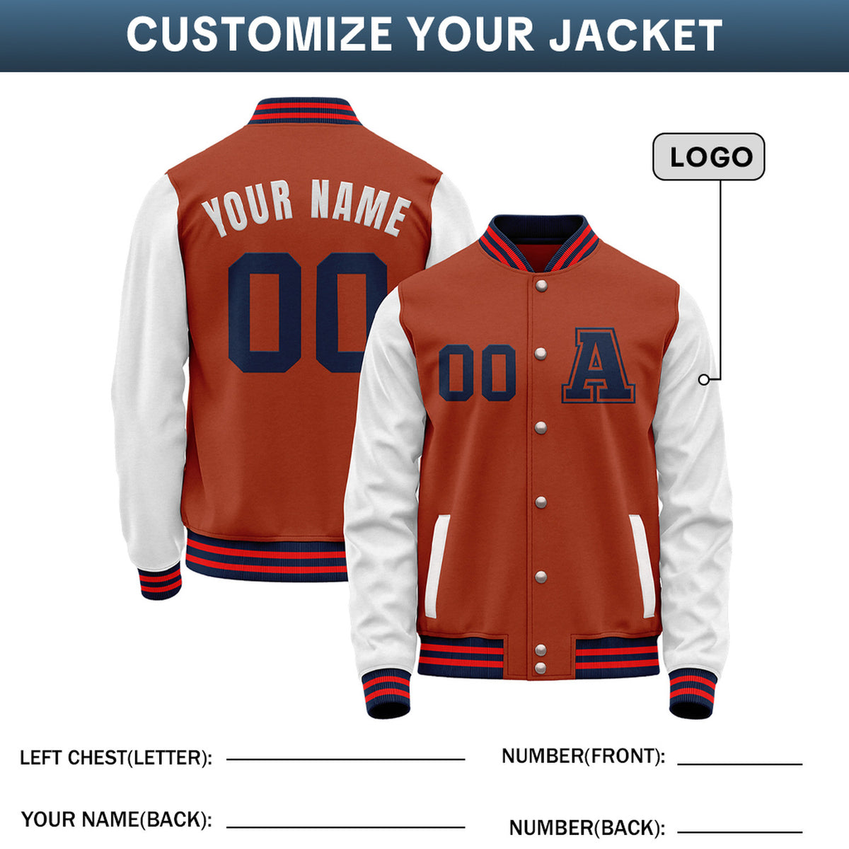 Custom Varsity Jacket with Stitched Name & Number | Rust & White Personalized Team Letterman Bomber