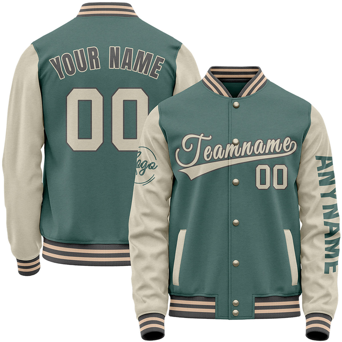 Custom sage green and cream team letterman jackets by Vosoli with stitched name, number and logo. Classic varsity jacket for baseball and casual wear.