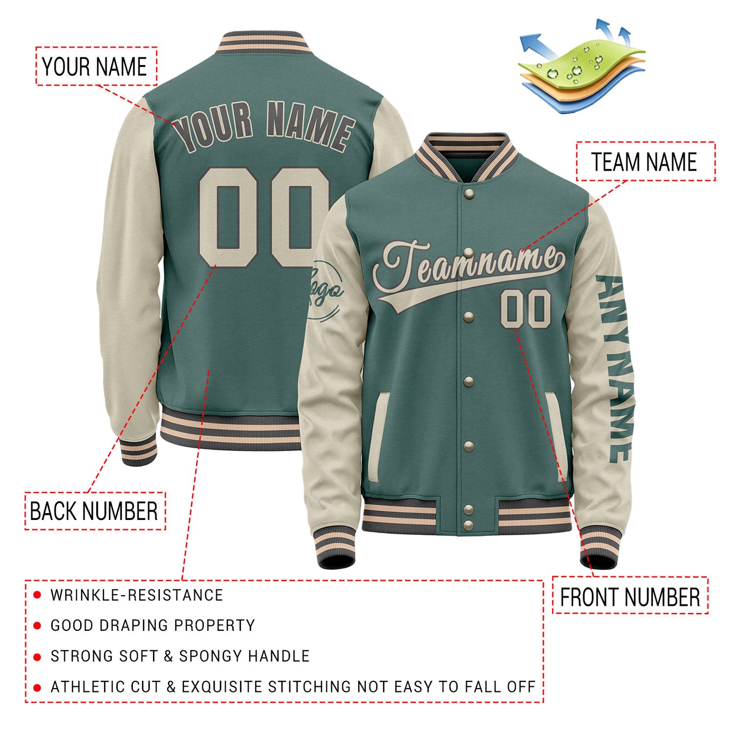 Custom sage green and cream team letterman jackets by Vosoli with stitched name, number and logo. Classic varsity jacket for baseball and casual wear.