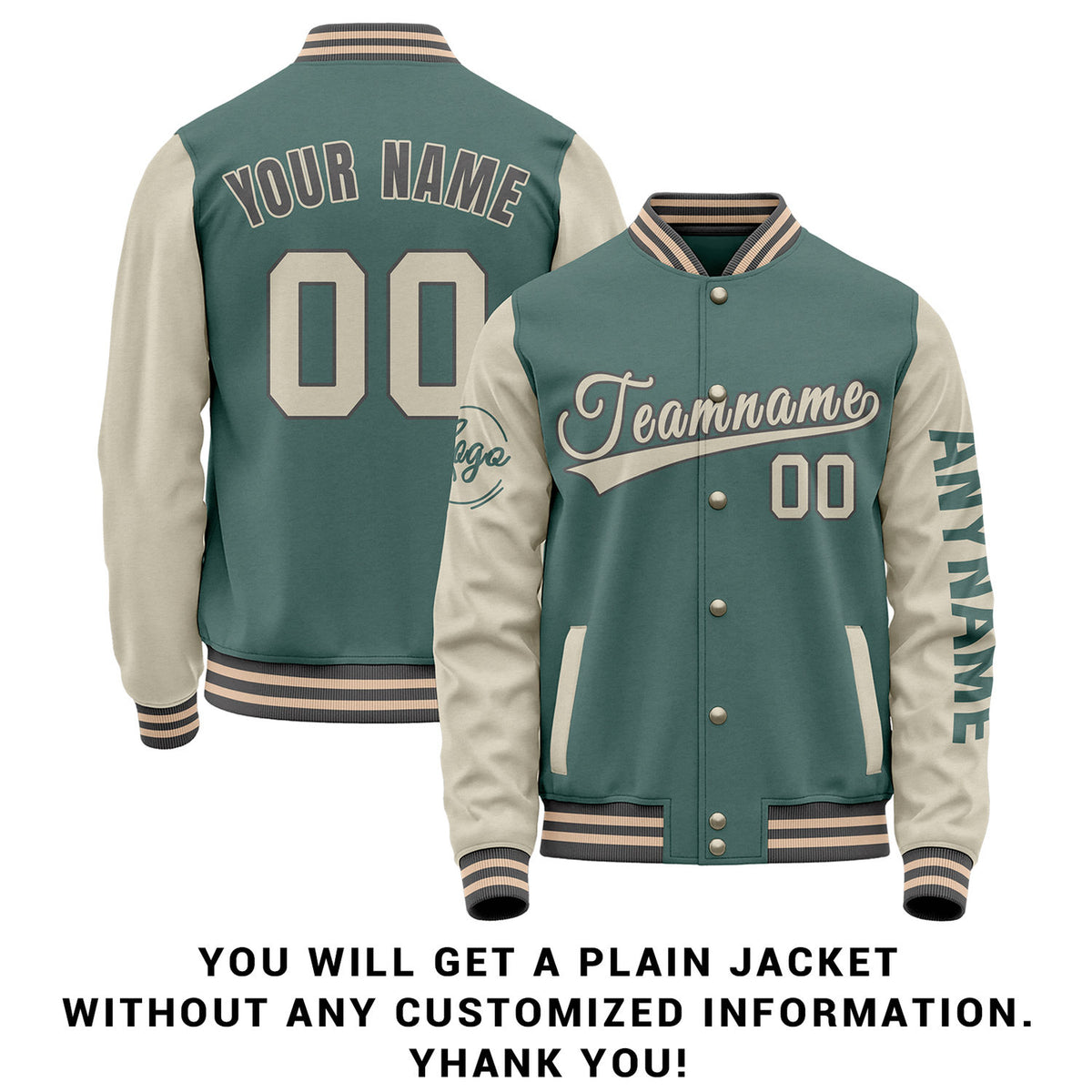 Custom Sage Green & Cream Two Tone Varsity Letterman Jacket | Personalized Stitched Team Name Number